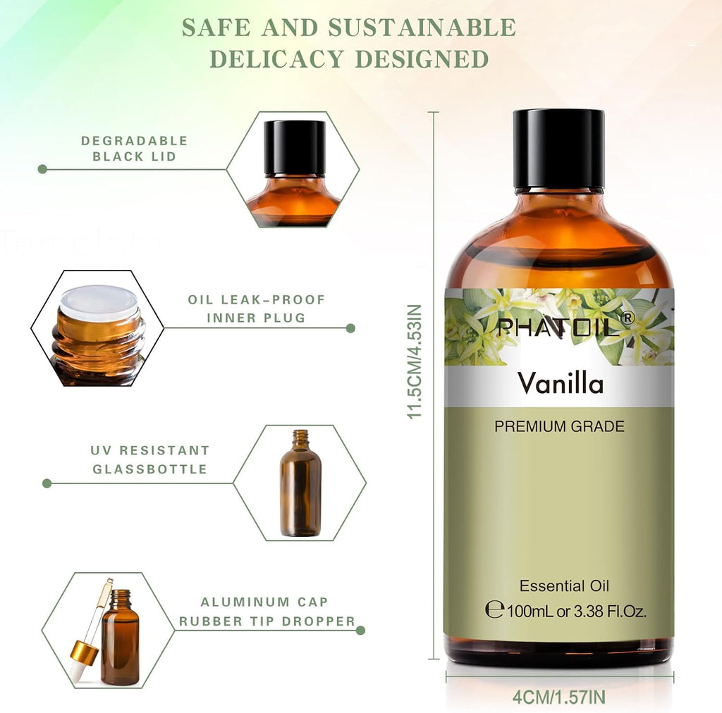100ML Vanilla Essential Oil, Huge 3.38Fl.Oz Bottle Vanilla Oil, Pure Aromatherapy Essential Oils for Diffuser, Humidifier, Scented Oils for Soap, Candle Making