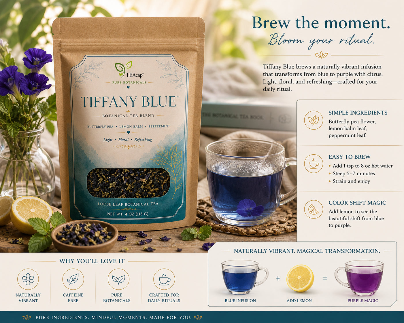 Butterfly Pea Flower Tea Blue Herbal Blend Peppermint Lemon Balm Loose Leaf 4 Oz