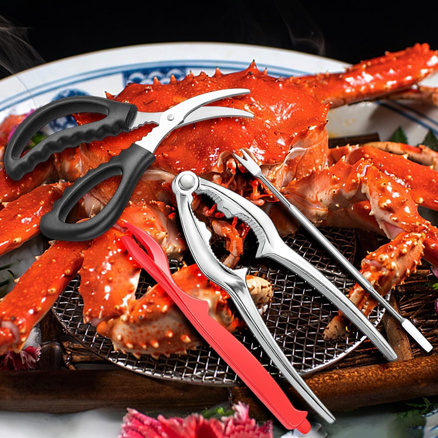 Seafood Cracker Tool Set with Lobster Sheller Stainless Steel Crab Crackers Crab Leg Fork Seafood Scissors and Storage Bag, Crab Leg Pick Utensils Set Crab Eating Tools (9Pcs)