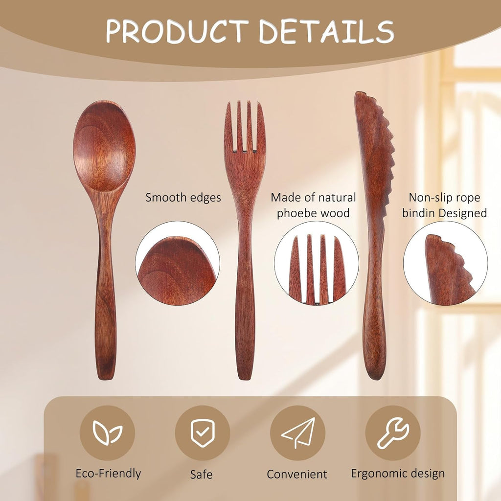6 Pcs Wooden Utensils for Eating, Wooden Spoon Fork Cutlery Set Kitchen Wood Din
