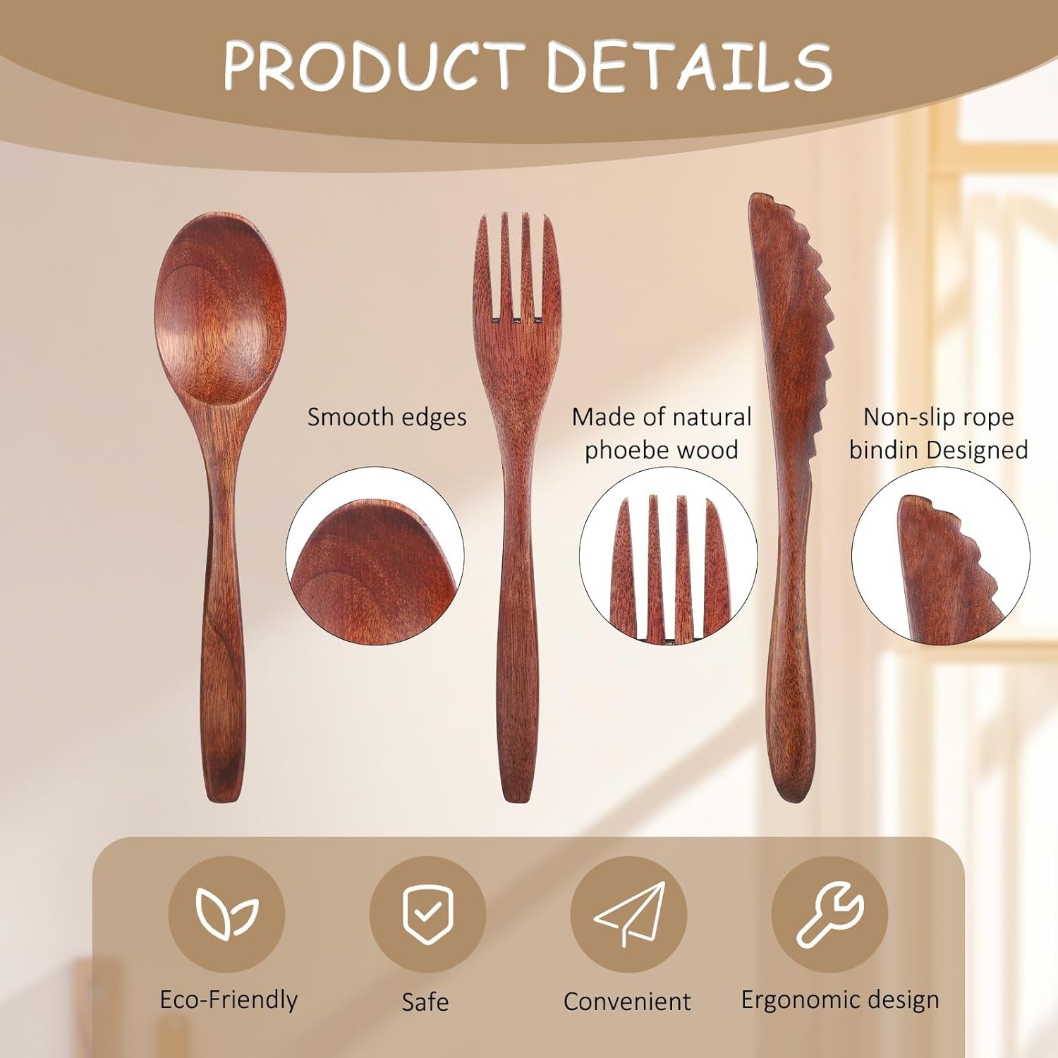 6 Pcs Wooden Utensils for Eating, Wooden Spoon Fork Cutlery Set Kitchen Wood Din