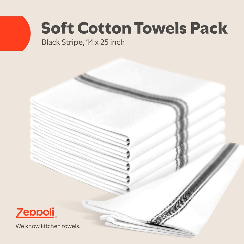 Classic Kitchen Towels - 15 Pack 100% Natural Cotton Kitchen Towel Set, Reusable Wash Cloths, Absorbent Dish Towels, Machine Washable Hand Towels, Kitchen Essentials, 14” X 25”, Black Striped