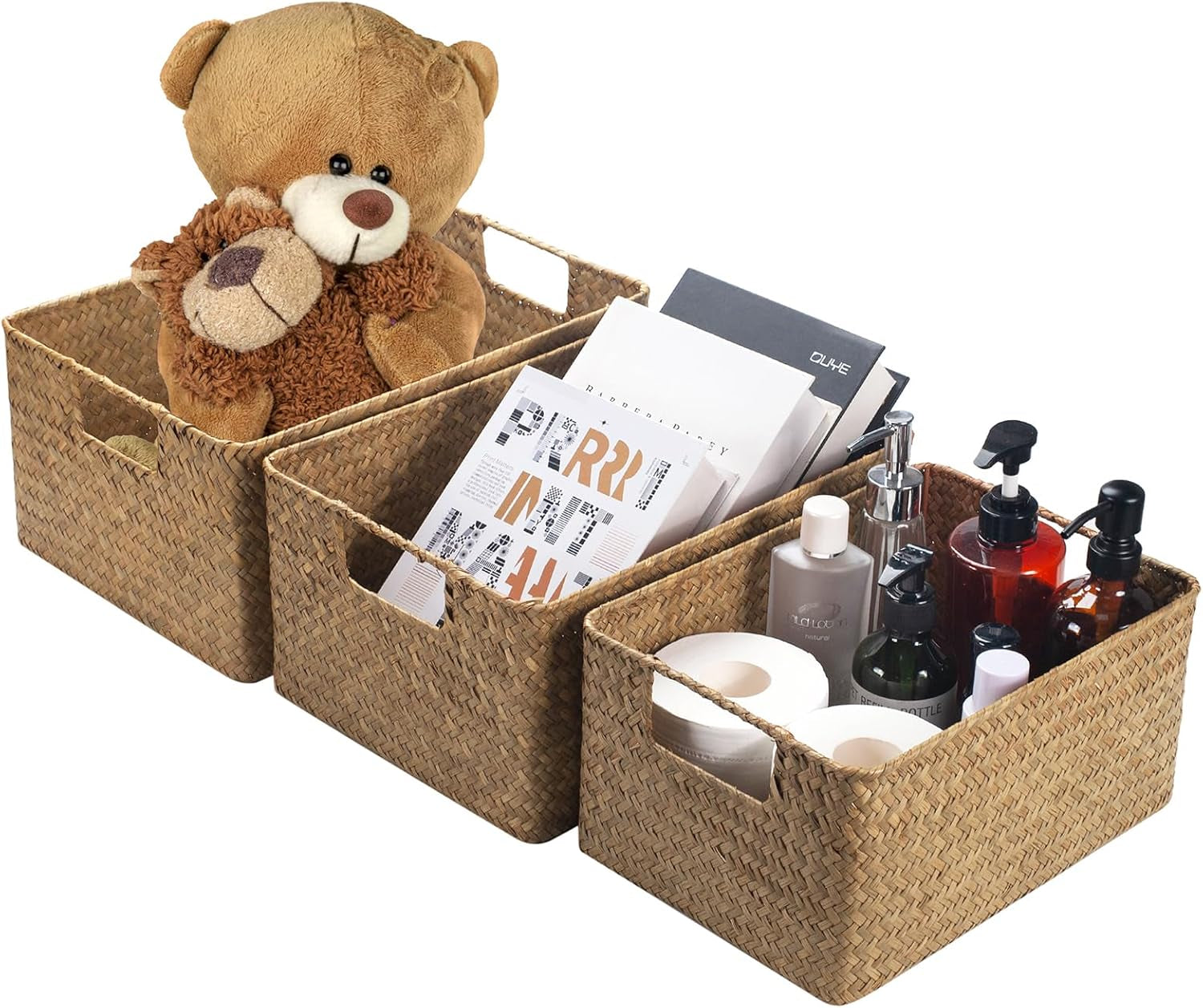 Woven Seagrass & Iron Wire Storage Baskets Set of 3 with Lids 4 Pack - Brown