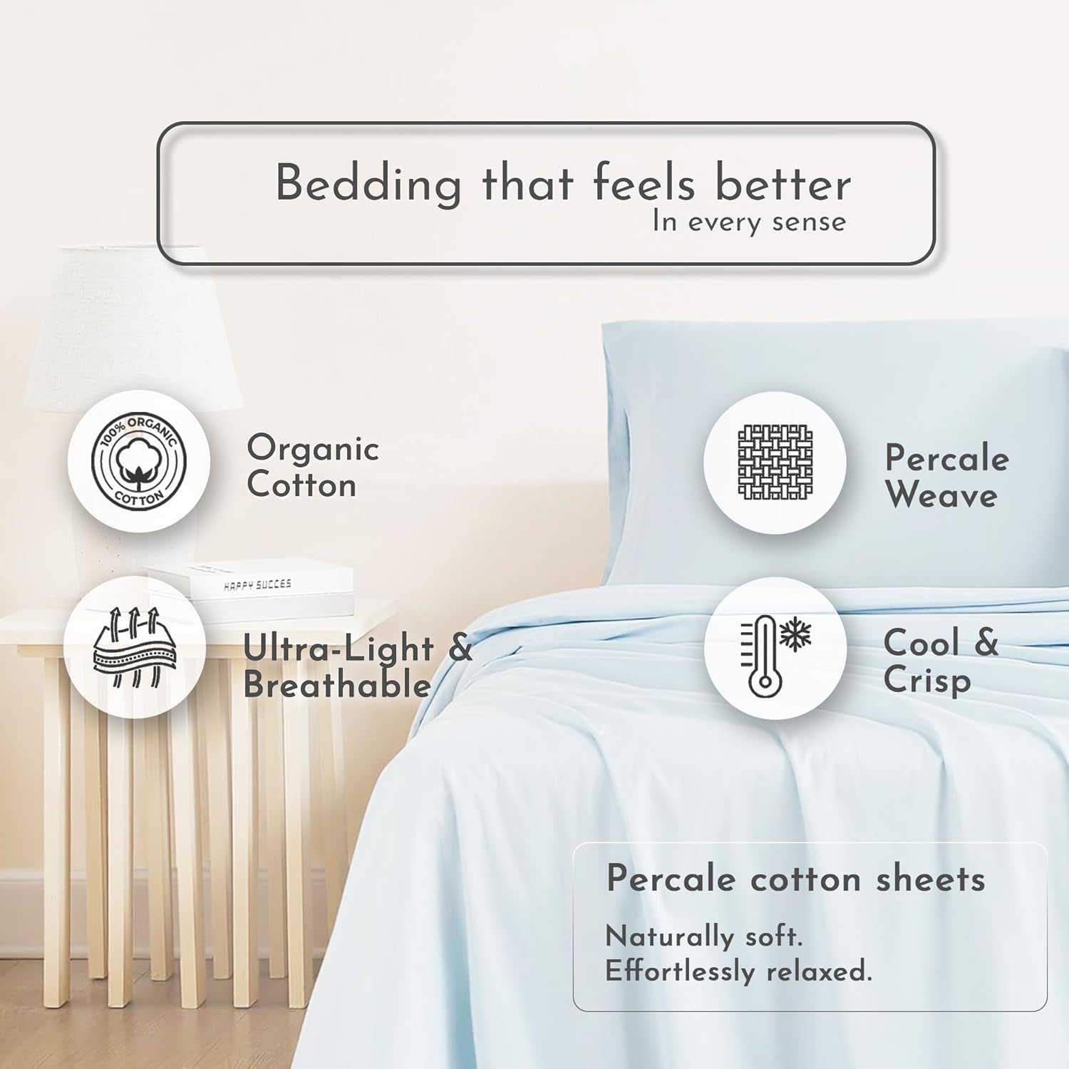 100% Organic Cotton Queen Sheets Set, 4 Pieces, Light Blue - Percale Bed Sheets & Pillowcases Set - up to 16" Deep Pocket Fitted Sheet - Cooling, Crisp & Breathable - for Hot Sleepers