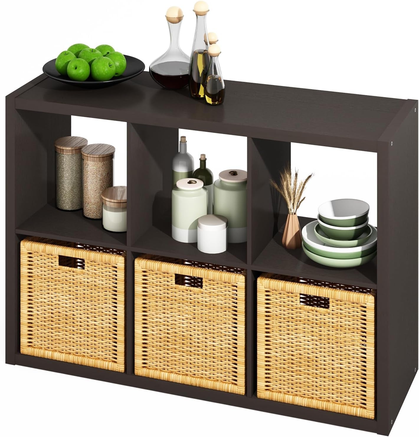 HERMITE Kitchen Island, 6-Cube Coffee Bar, Kitchen Storage, Bakers Rack, for Pantry Organizers and Storage, Kitchen Organization, Black Oak