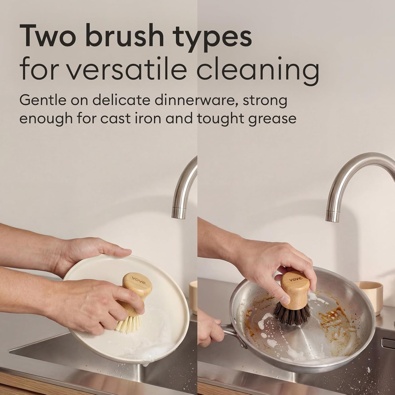 Bamboo Dish Scrub Brush Set, 3-Pack Plastic-Free Kitchen Brushes for Dishes Pots and Cast Iron, Fsc-Certified Bamboo with Natural Sisal and Union Fiber Bristles, 2 Hard and 1 Medium Brush