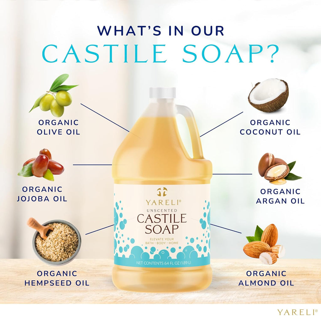 Pure Castile Soap Liquid Unscented 64Oz – EWG Verified Organic Oils, Fragrance-Free Body Wash, Castile Soap for Bath Body Home Laundry – Made in USA, Vegan