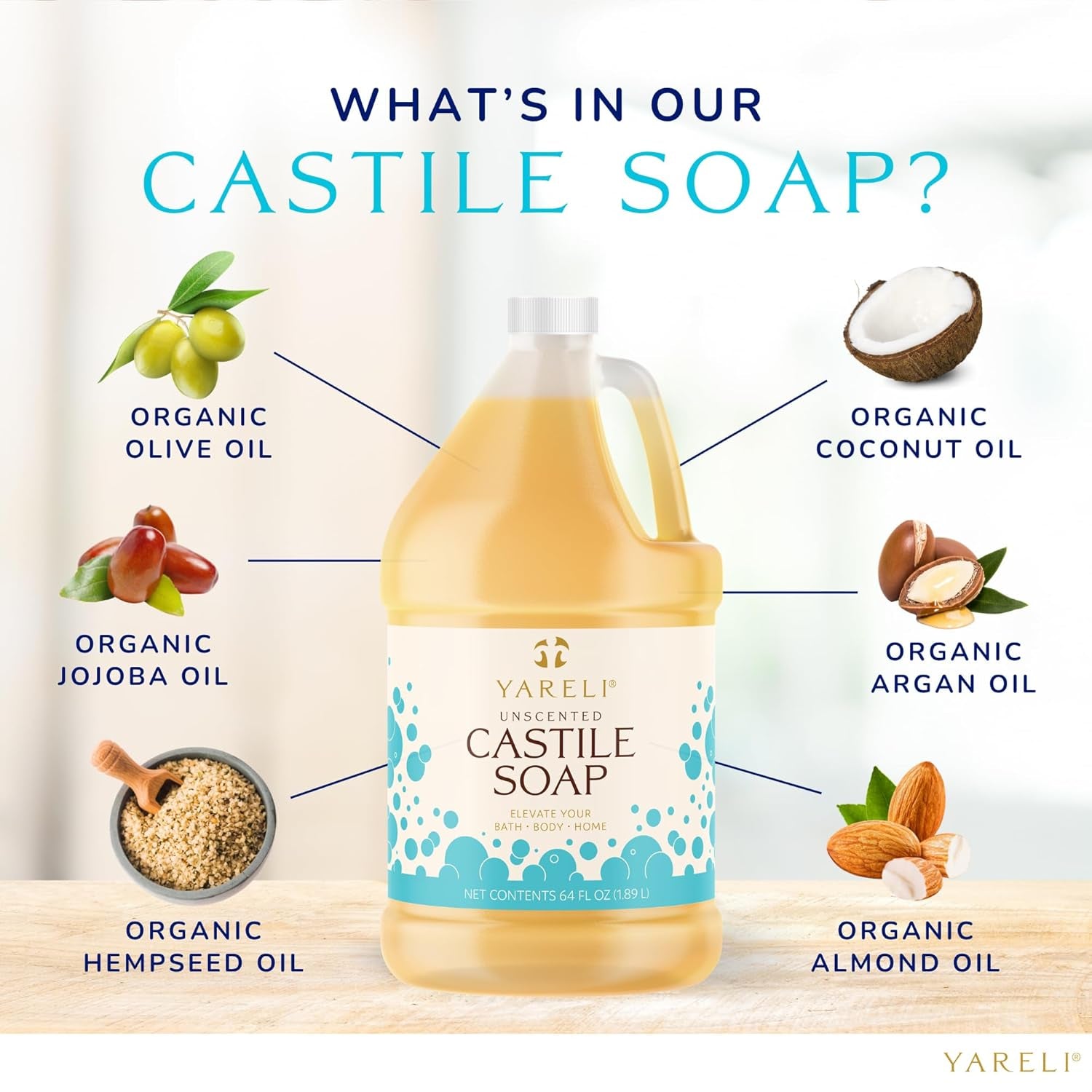 Pure Castile Soap Liquid Unscented 64Oz – EWG Verified Organic Oils, Fragrance-Free Body Wash, Castile Soap for Bath Body Home Laundry – Made in USA, Vegan