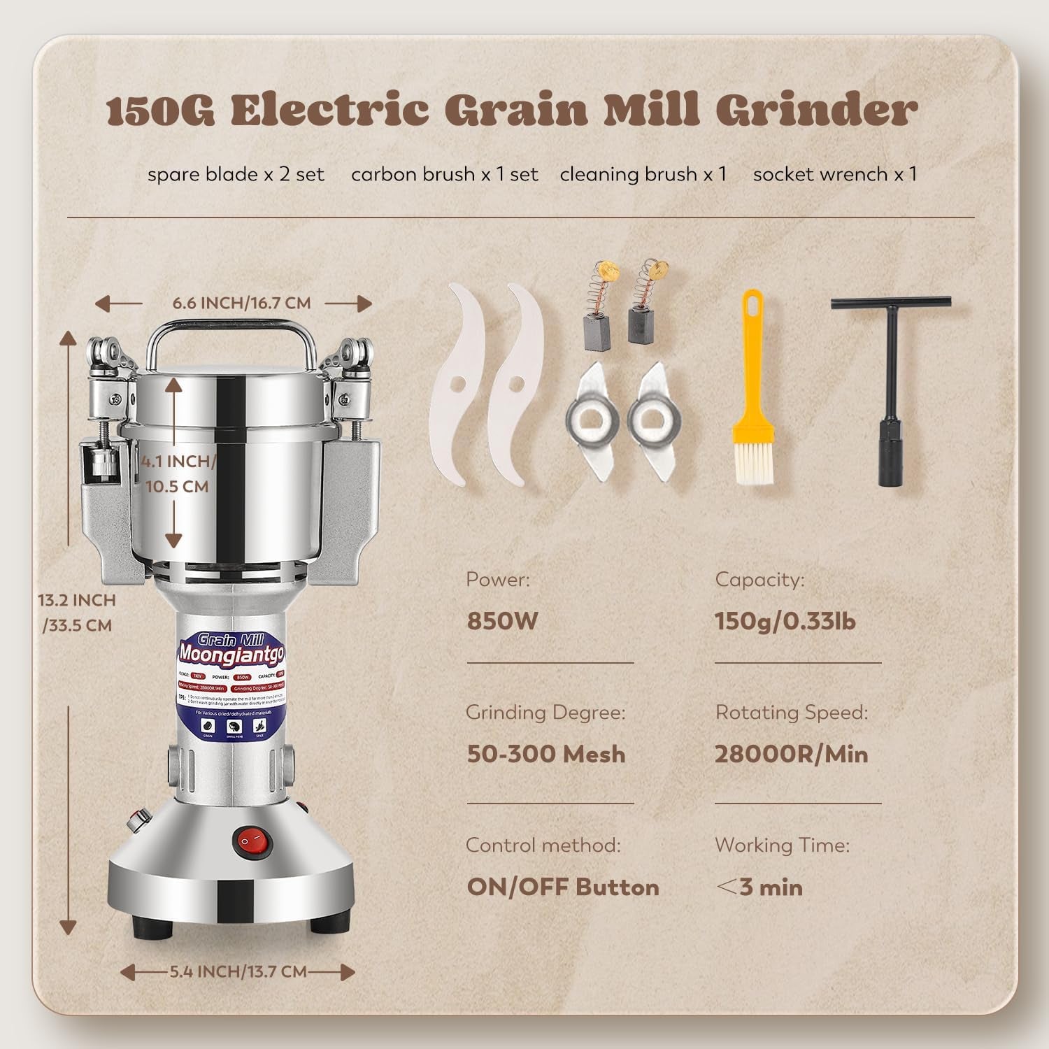 Grain Mill Grinder Electric 150G Commercial Spice Grinder 850W Stainless Steel Pulverizer Dry Grinding Machine for Wheat Corn Rice Pepper Herbs Coffee Beans (150G Upright, 110V)