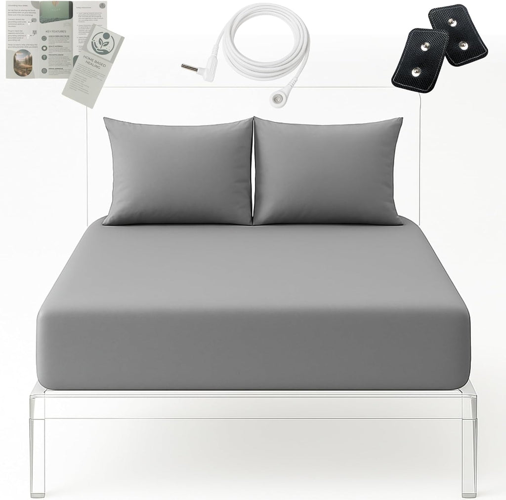 Premium Fitted Grounding Sheet - Gray, Queen (60"X80"), 95% Organic Cotton, 5% Silver Thread, 15' Upgraded Earthing Cord, for Better Sleep & Wellness with Holistic Alignment