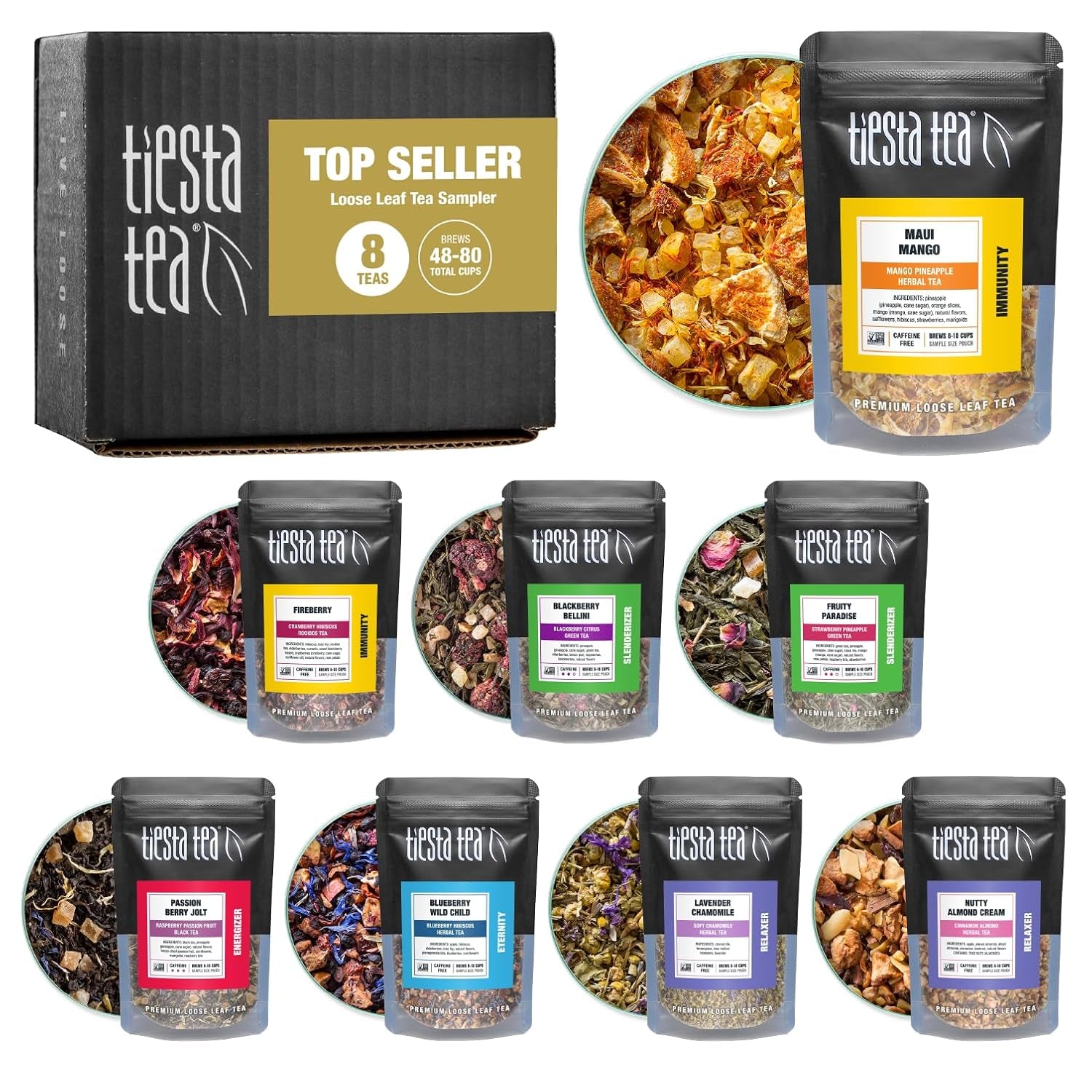 - Top 8 Favorites Sampler Set, Loose Leaf, up to 80 Cups, High to No Caffeine, Hot & Iced, Tea Variety Pack with Green, Herbal, & Black, 8 Sample Pouches