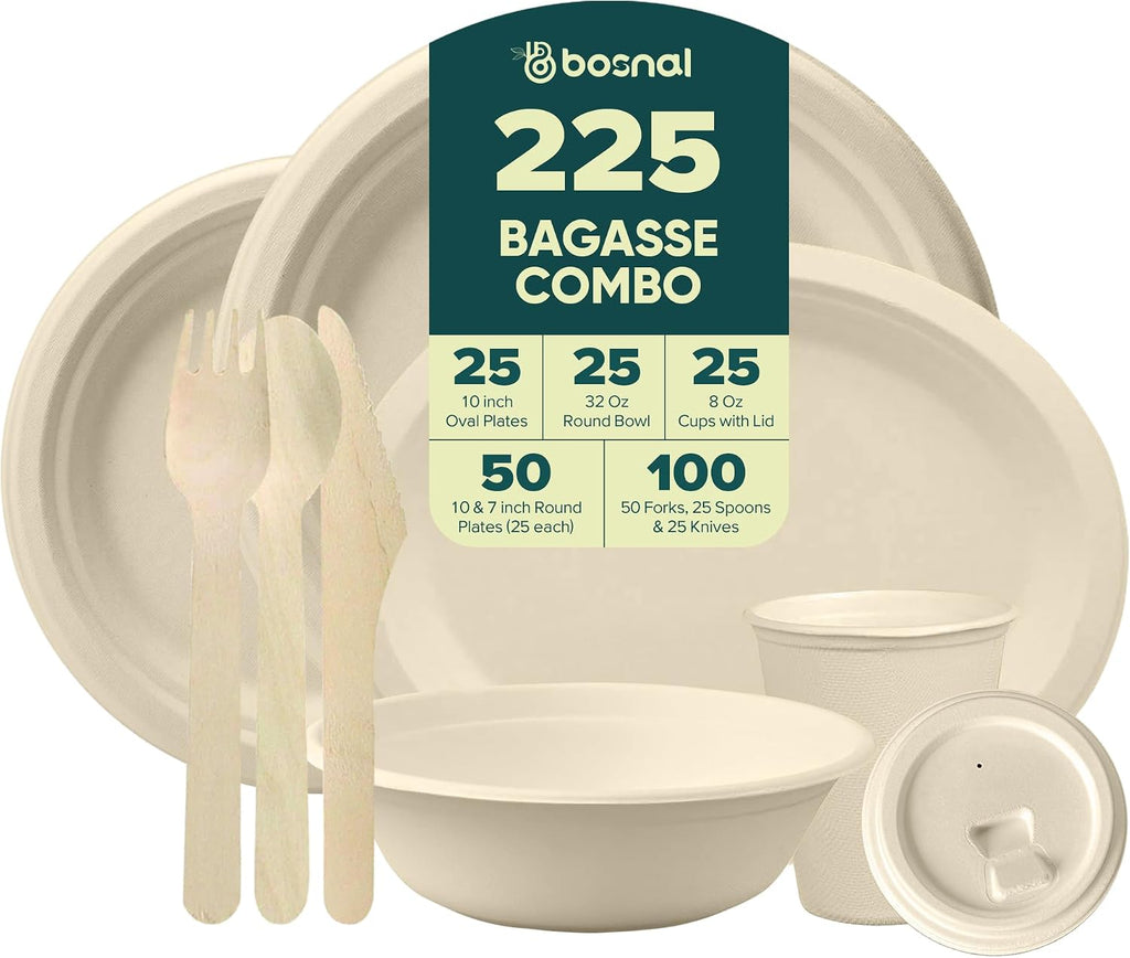 10 Inch & 7 Inch round Plates, 10 Inch Oval Plates, 32 Oz Bowls & 8 Oz Cups with Lidss & Cutlery – 100% Plant-Based Bagasse, Eco-Friendly, Compostable, Microwave Safe, Durable Dinnerware Set