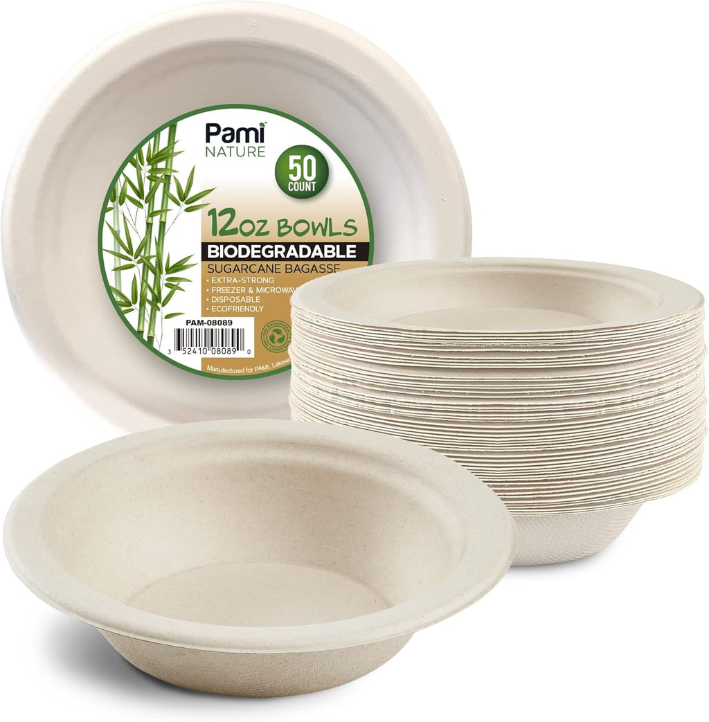 100% Biodegradable Sugarcane Bowls [Pack of 50] 12 Oz. Natural Compostable Soup Bowls- Planet-Friendly Bagasse Bowls for Hot & Cold Uses- Heavy-Duty Disposable Microwavable Paper Serving Bowls
