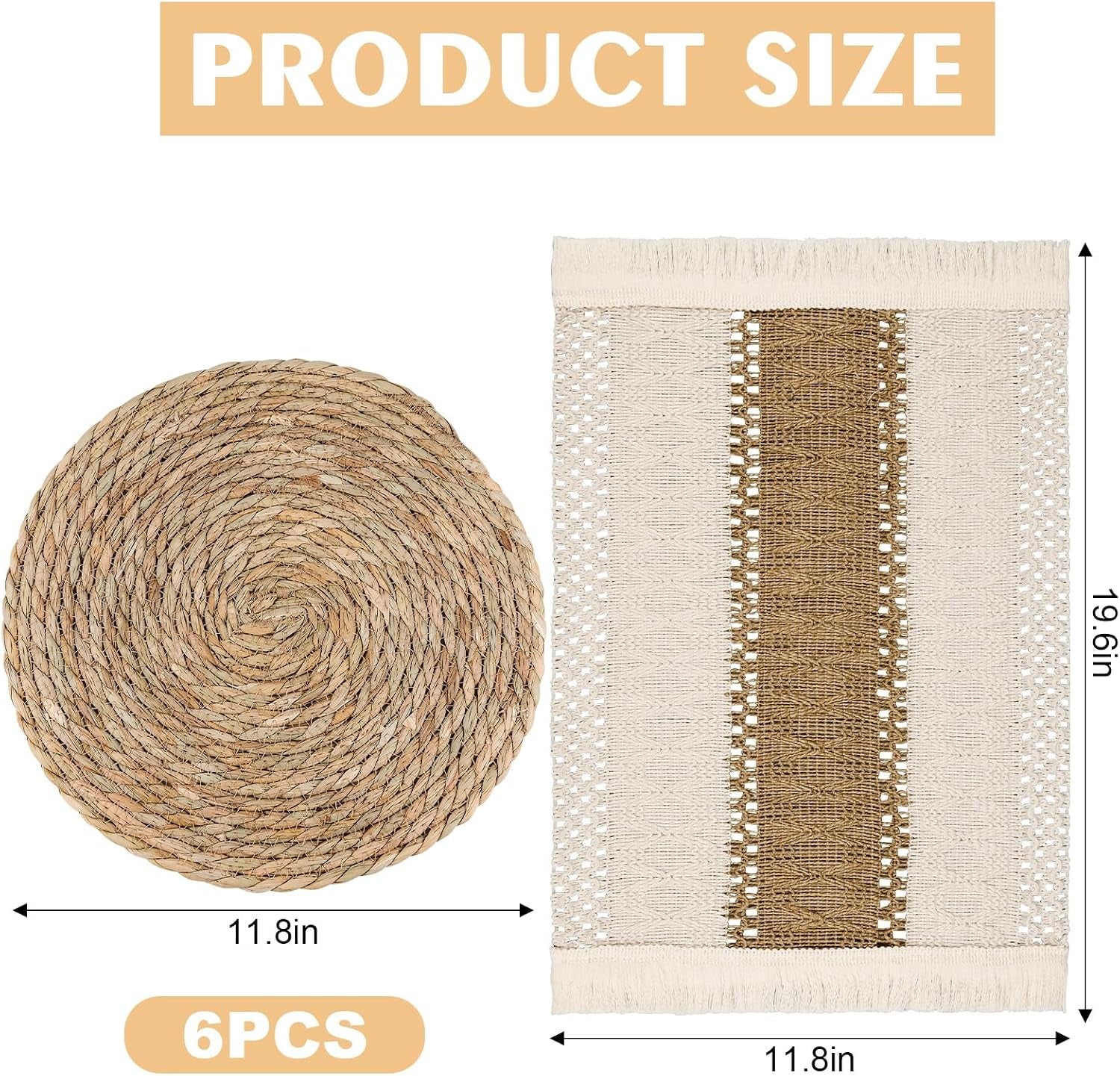 12 Pcs Handmade Boho Placemats Set of 6 Table Mats for Kitchen Dining Table Farmhouse Centerpiece Decor Natural Cotton Burlap and Water Straw Woven Combination Place Mats