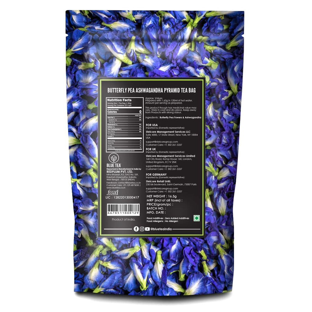 - Butterfly Pea Flower Tea - Ashwagandha - 10 Count - Pyramid Plant Based Tea Bag | ANTIOXIDANT RICH | Caffeine Free - Flower Based - Herbal Tea - Non Bitter | Zipper Pack