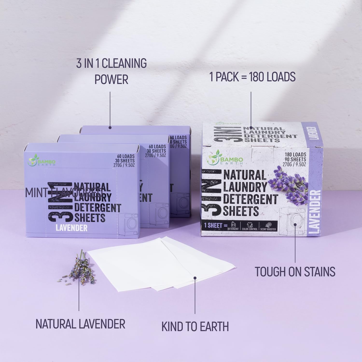 180 Loads Natural Laundry Detergent Sheets - All Natural Biodegradable and Dissolvable Washing Machine Dry Soap Laundry Detergent Strips, Mess Free, Eco Friendly, 90 Sheet Pack (Calm Lavender)