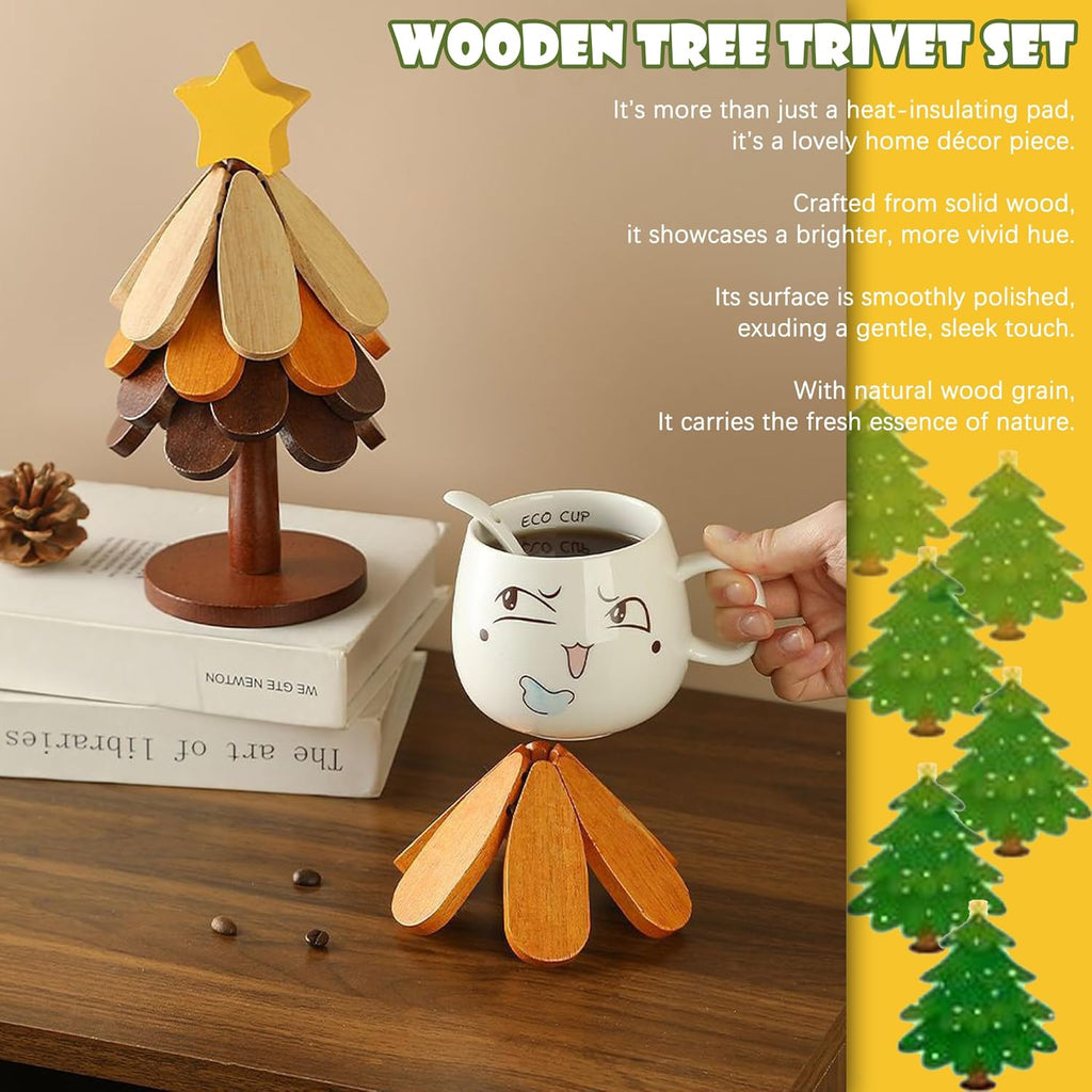 Wooden Christmas Tree Trivet Set of 5 + Stand, Foldable Heat Resistant Wood Mats for Hot Dishes & Pots, Decorative Kitchen Table Countertop Protector, Holiday Home Decor & Housewarming Gift