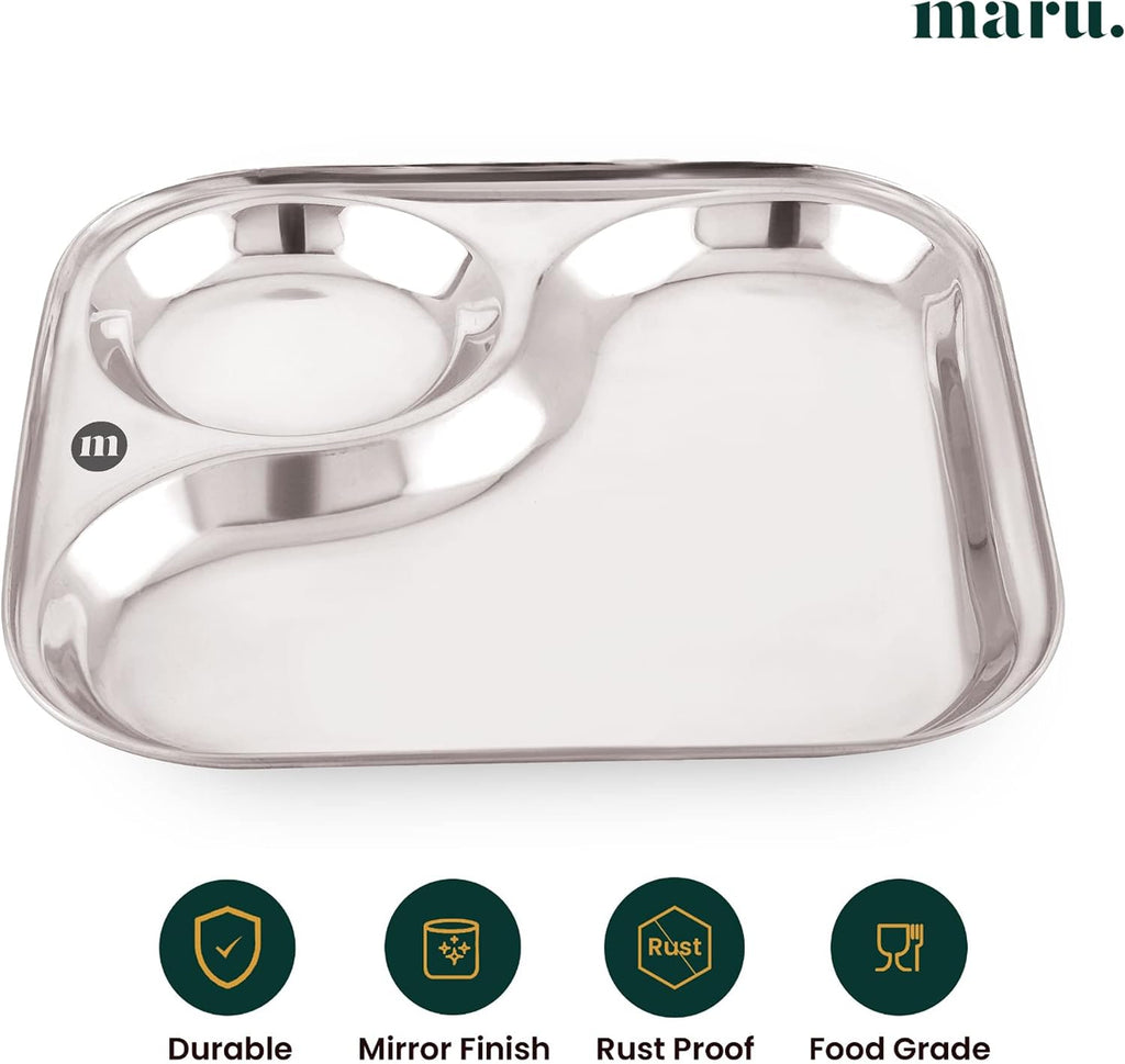 Stainless Steel Dinner Plates with 2In1 Compartment Section Set of 6, Durable & Large Bhojan Thali Plates, Perfect for Breakfast, Lunch & Dinner, Ideal for Serving Indian Meals – Lightweight