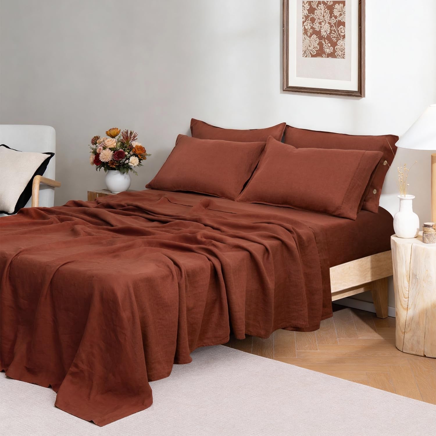 100% Organic Linen Sheets Set Twin XL Size,Stone Washed French Natural Flax Bedding 3PCS(1 Pillowcase,1 Fitted Sheet,1 Flat Sheet) GOTS Certified,Ultra Soft Bedding Set,Burgundy