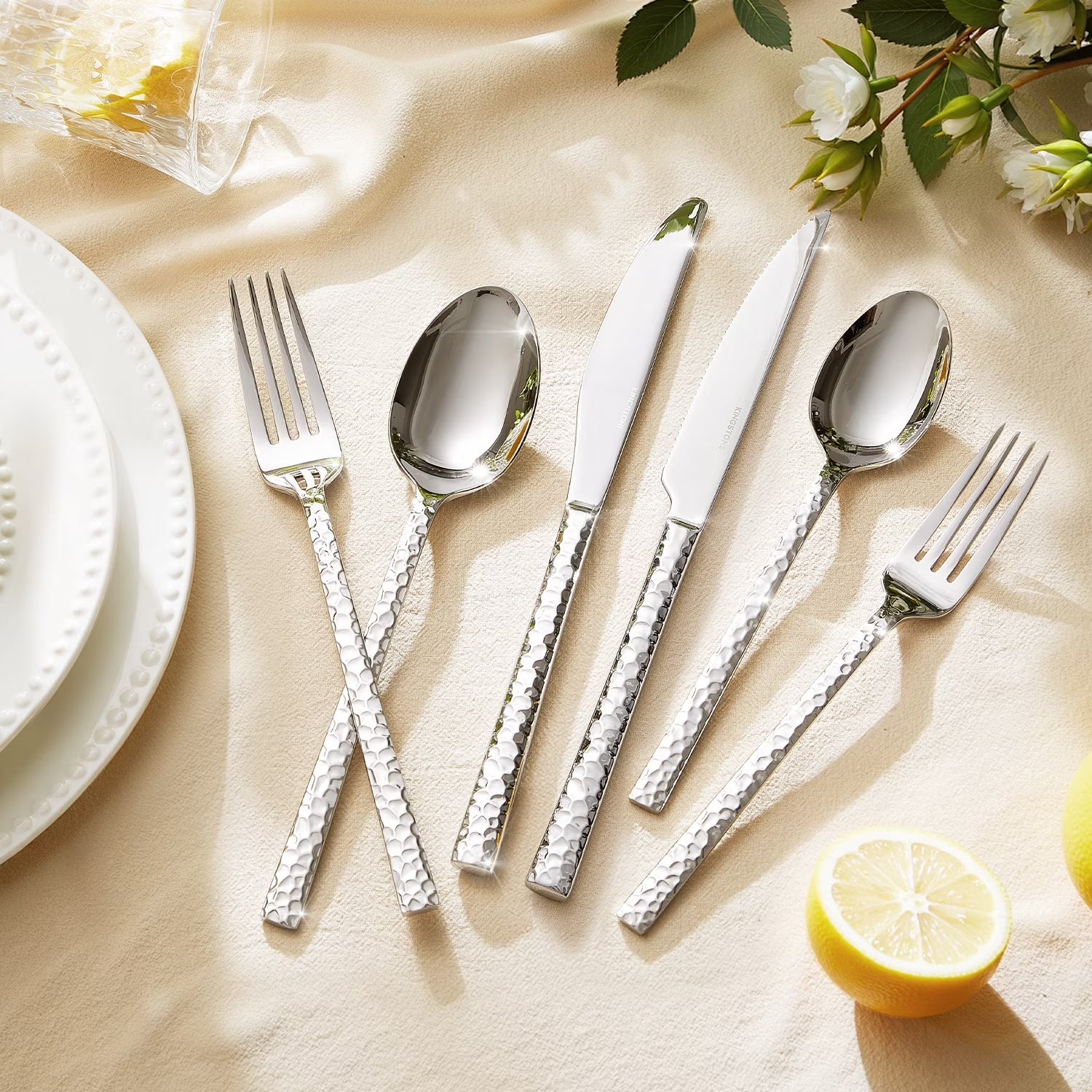53 Pcs 18/10 Stainless Steel Silverware Set with Serving Utensils for 8, Cutlery Set with Hammered Pattern for Kitchen, Home, Restaurant, Mirror Polished & Dishwasher Safe