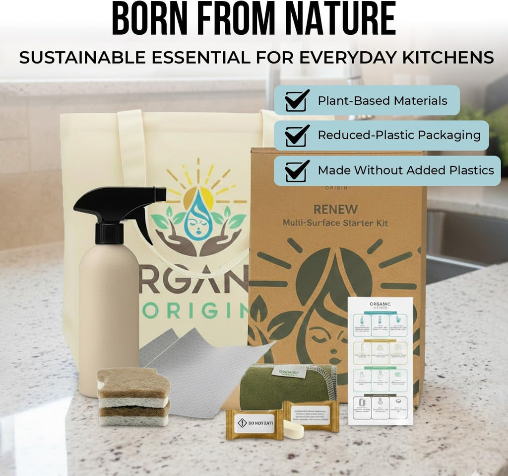 Organic Origin Kitchen Cleaning Supplies Kit - 14 Piece Set with Reusable Paper Towels, Plant-Based Sponges, Swedish Dishcloths, Dish Towels, Cleaner Tablets & Spray Bottle Cleaning Essentials
