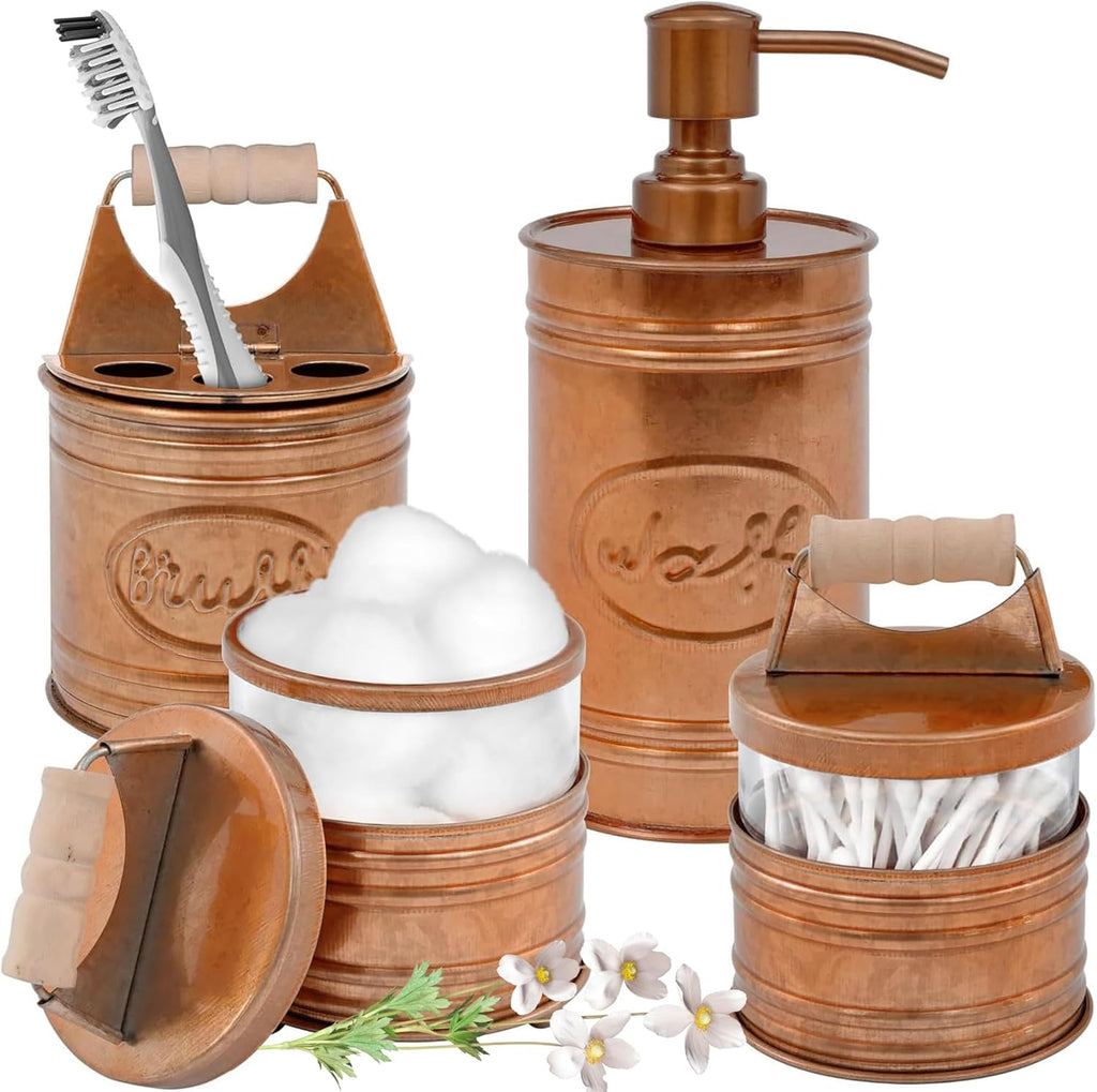 Rustic Bathroom Accessories Set 4 - Copper Farmhouse Soap Dispenser, Toothbrush Holder, 2 Apothecary Jars Qtip Holder - Rustic Bathroom Decor – Farmhouse Bathroom Accessories
