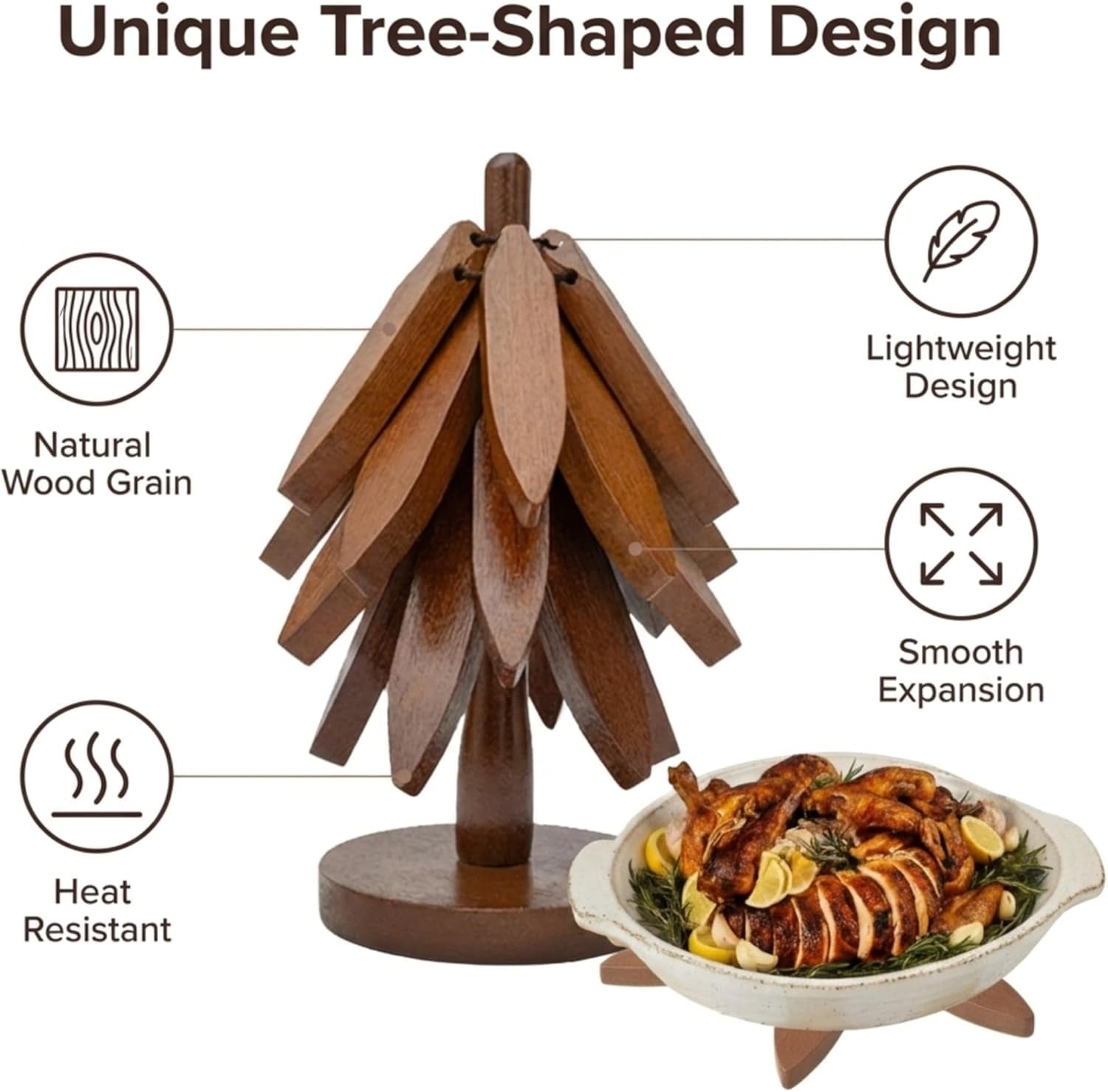 Wooden Trivets for Hot Dishes – Tree Trivet Set with 4 Foldable Wooden Trivets & 1 Stand, Heat-Resistant, Space-Saving Trivet Tree for Pots, Bowls & Teapots (Walnut)