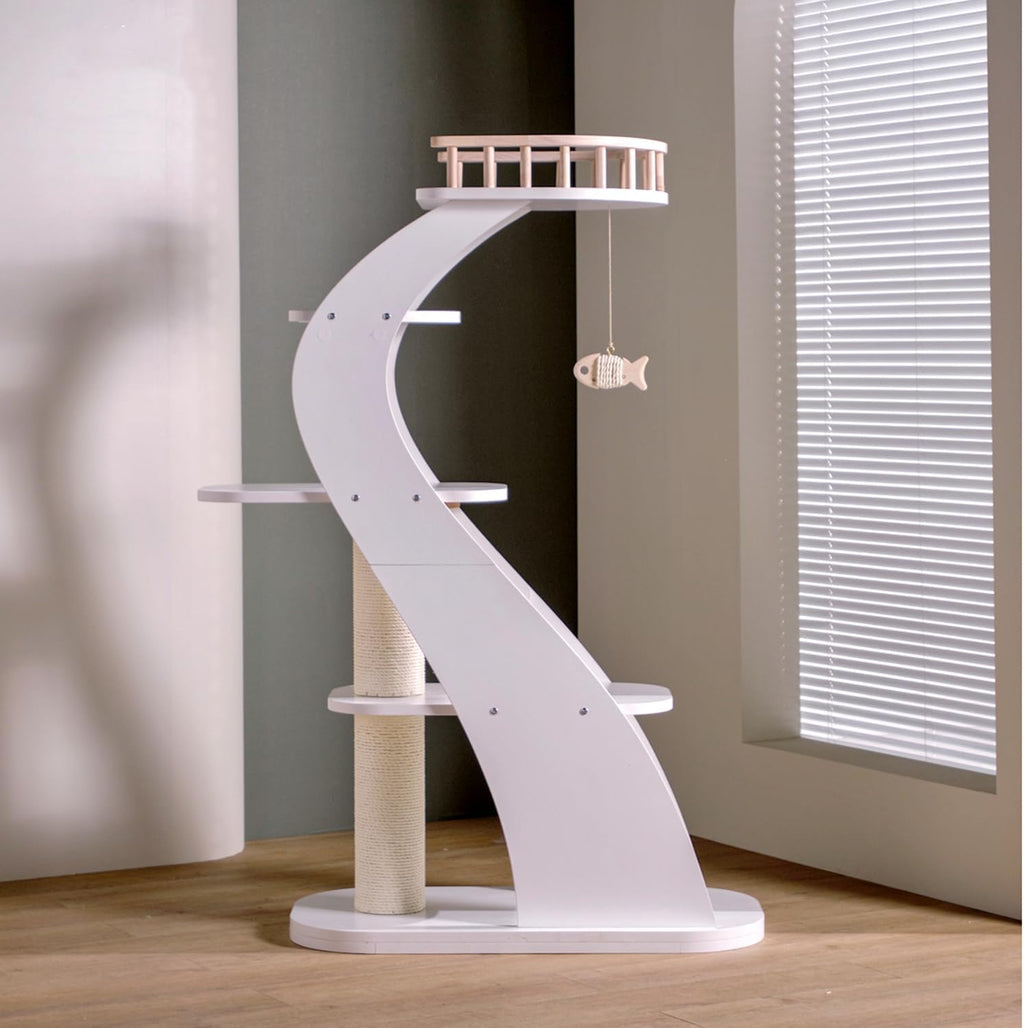 Modern Stylish 52.4 Inches Tall Wooden Cat Tree Tower, Aesthetic Cat Condo Ladder with 5-Level Big Perch Platform Bed for Window Viewing Watching Large Cat Maine Coon