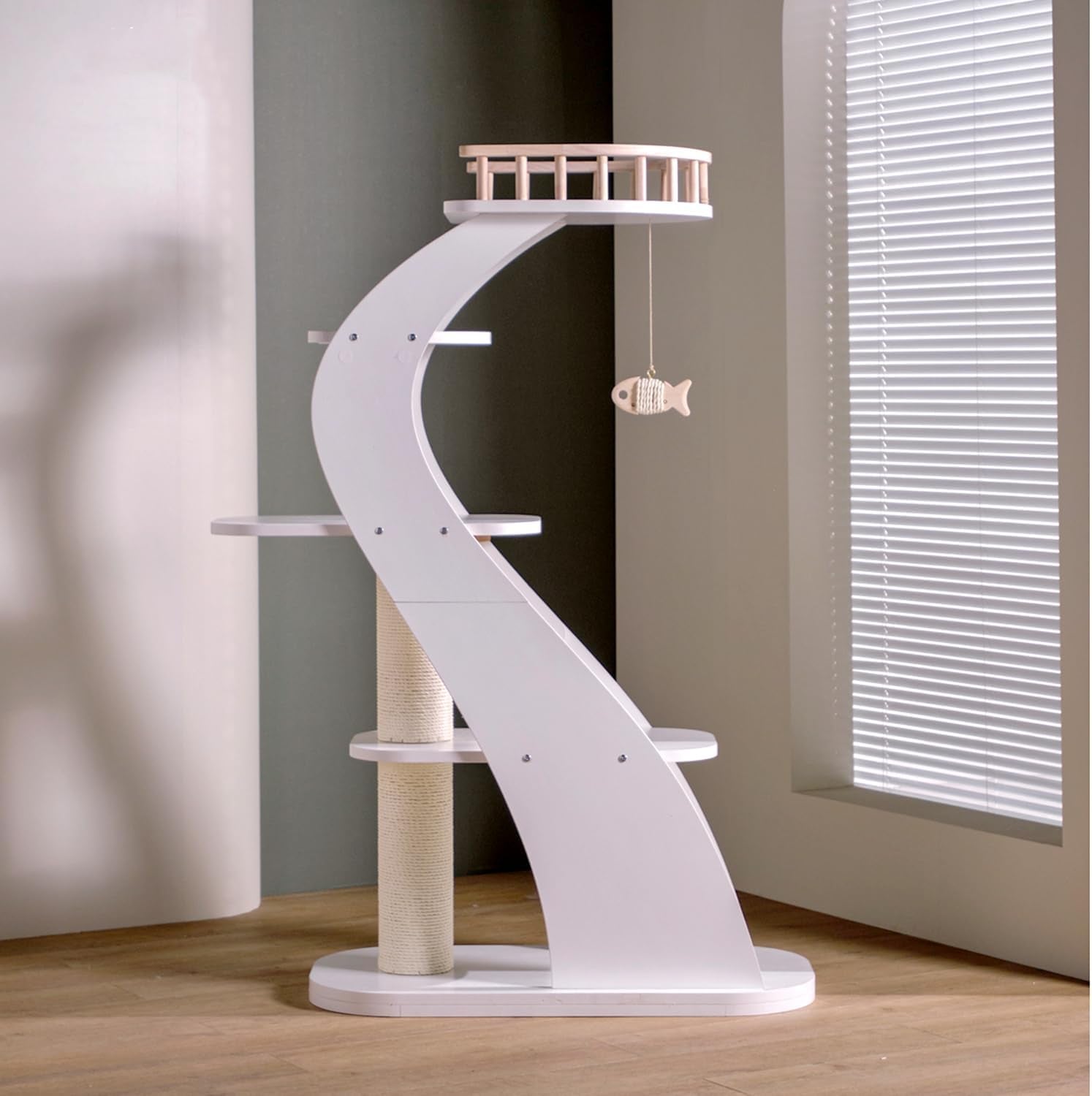 Modern Stylish 52.4 Inches Tall Wooden Cat Tree Tower, Aesthetic Cat Condo Ladder with 5-Level Big Perch Platform Bed for Window Viewing Watching Large Cat Maine Coon
