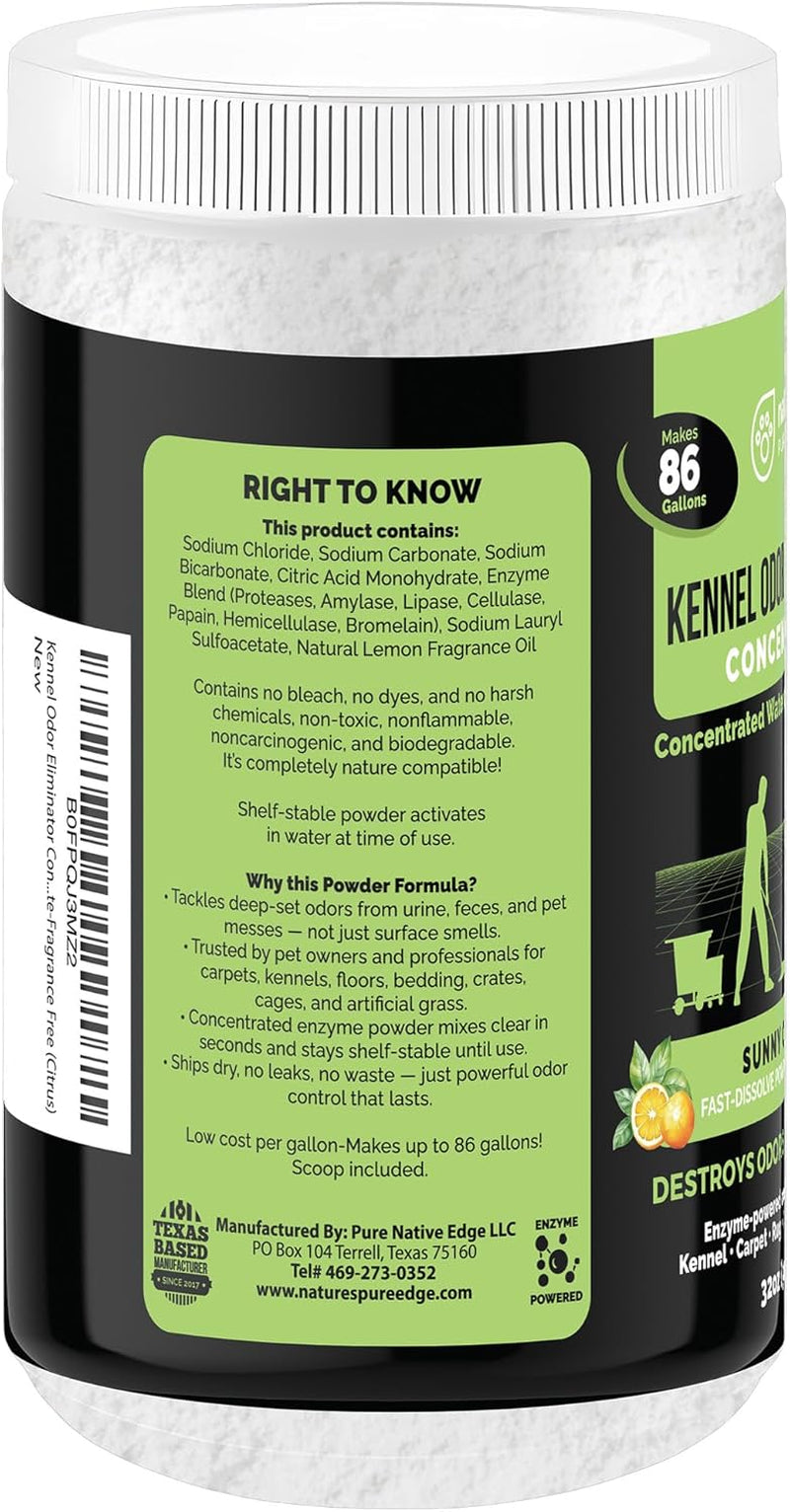 Enzyme Powder Concentrate Makes 86 Gallons - Professional Use for Kennel and Pet Odor Elimination - Removes Urine Poop from Carpets Floors - Sunny Citrus
