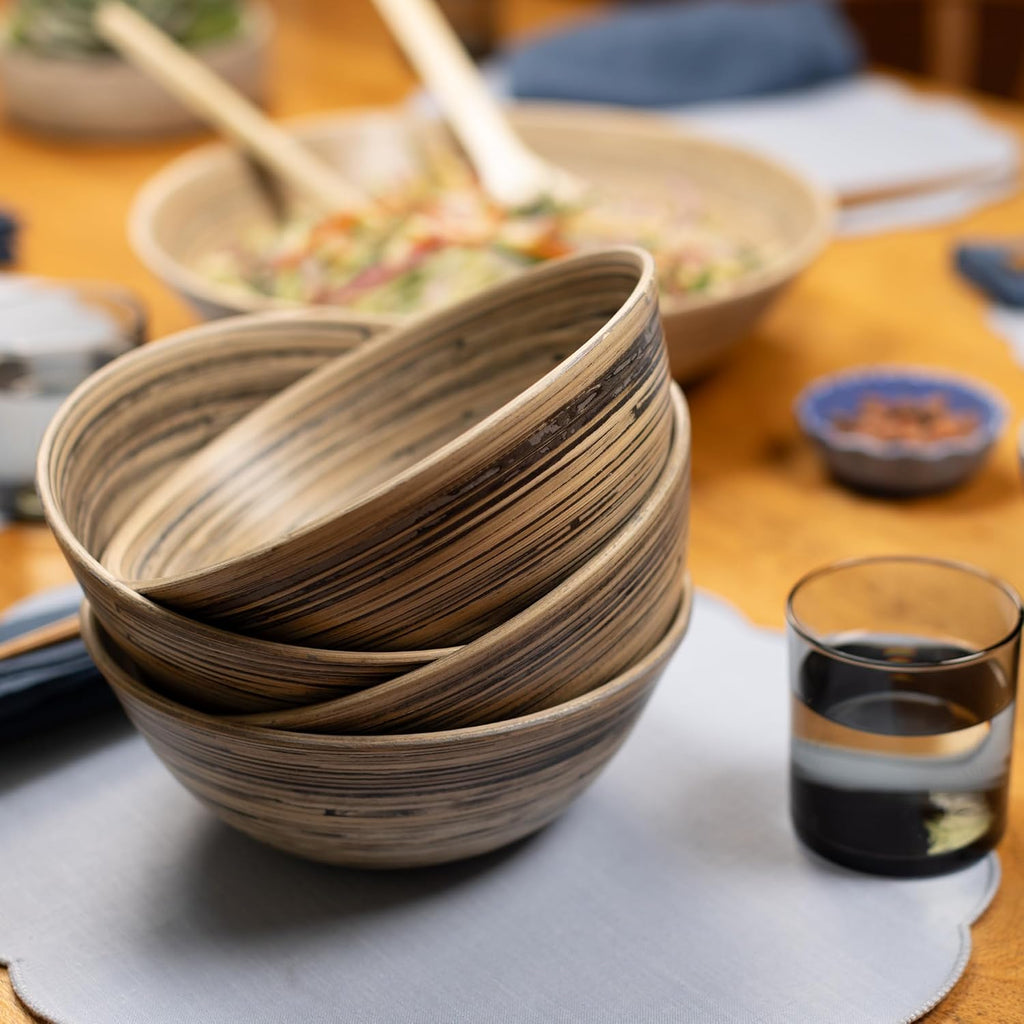 8-Piece Handcrafted Bamboo Plate & Bowl Set, Four 12” Serving Plates and Four 8” Bowls, Spun Bamboo Dinnerware for Everyday Meals, Entertaining & Home Décor (Black)