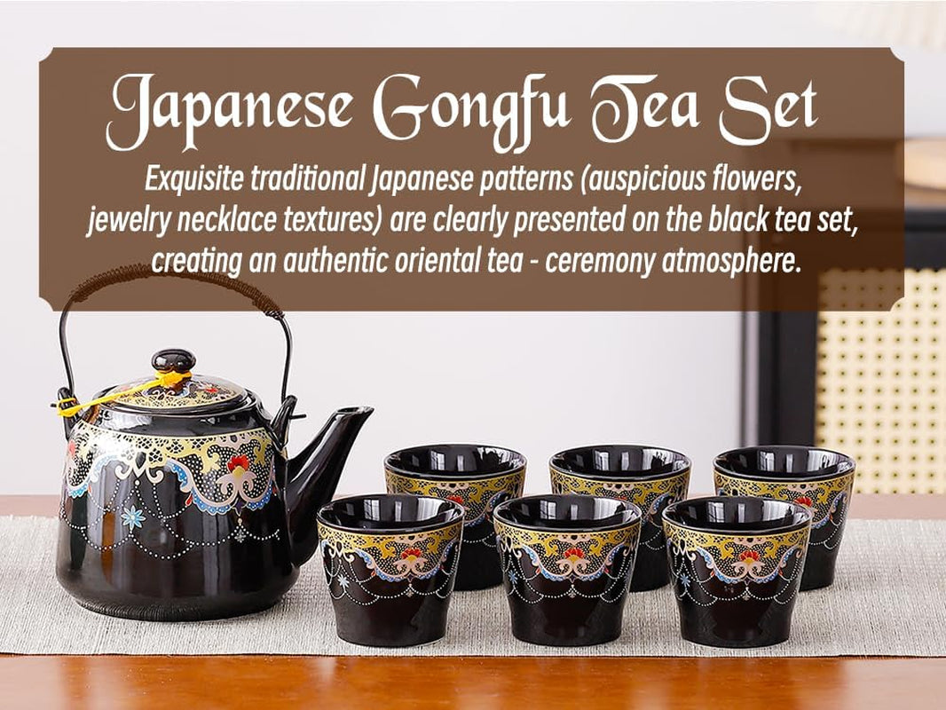 Japanese Tea Set for Adults, Japanese Teapot Set with 1 Teapot (32Oz/920Ml), 6 Tea Cups (4.5Oz/130Ml), 1 Tea Tray, 1 Stainless Infuser, Kiln Altered Glaze Porcelain Tea Set (Jeweled Necklace)