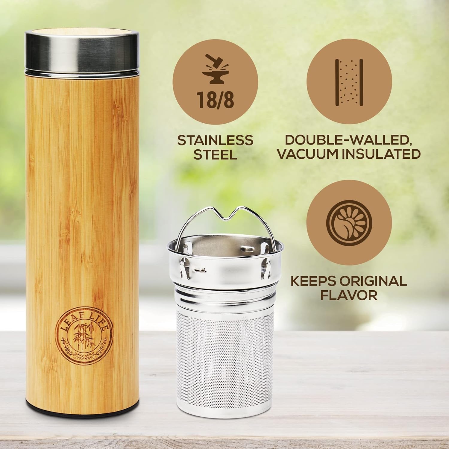 Premium Bamboo Tea Bottle for Loose Tea - Tea Infuser Bottle - Tea Gifts - Insulated Water Bottle/Coffee Tumbler/Tea - Tea Gift Set, Tea Accessories - Tea Tumbler 17Oz