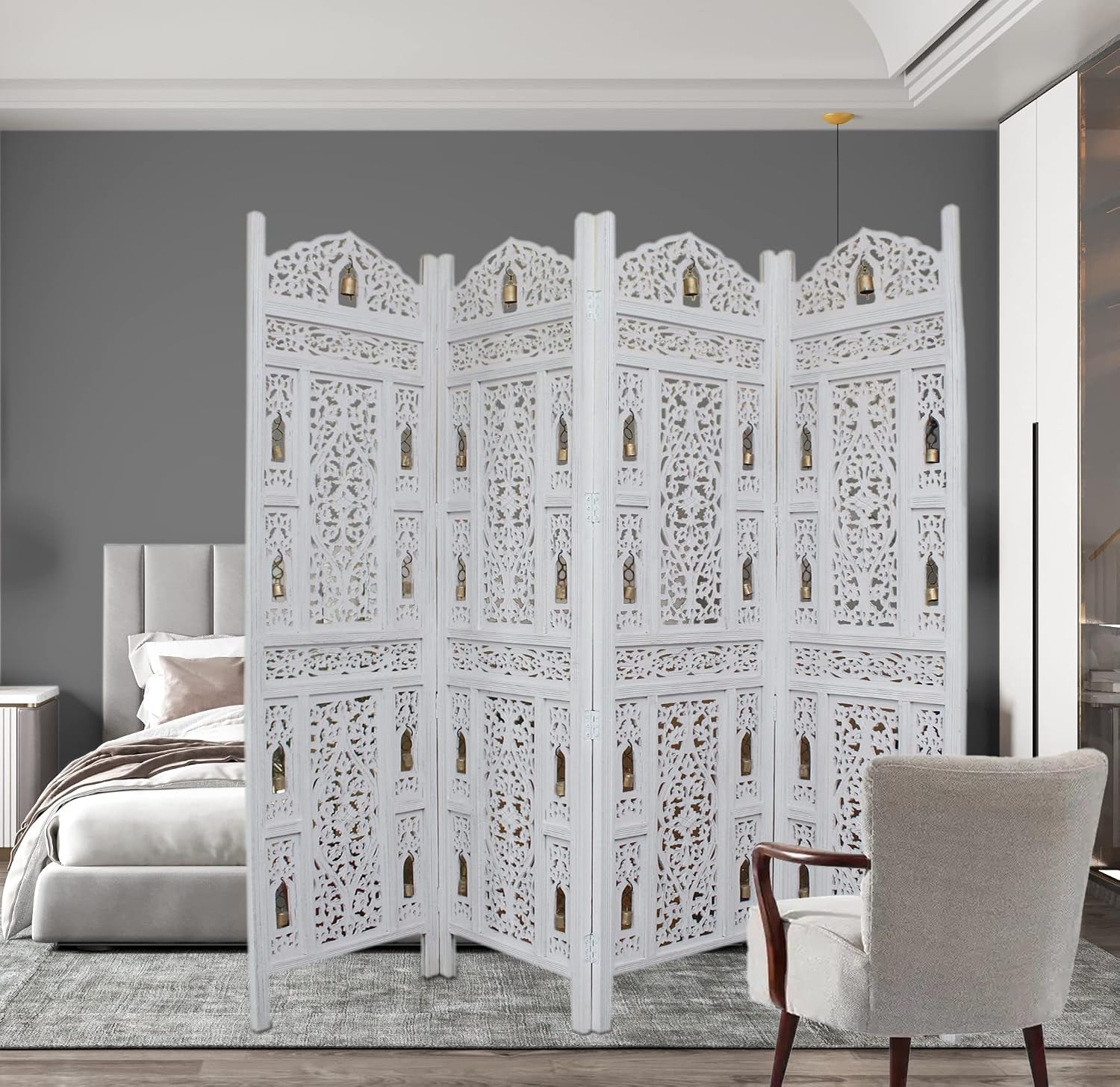 Room Divider Wood Screen - Ghanti Bells Antique White - 4 Panel Folding 72 X 80 - Assembled Hand Carved Decorative Functional Versatile Portable Partition Reversible Privacy Boho -
