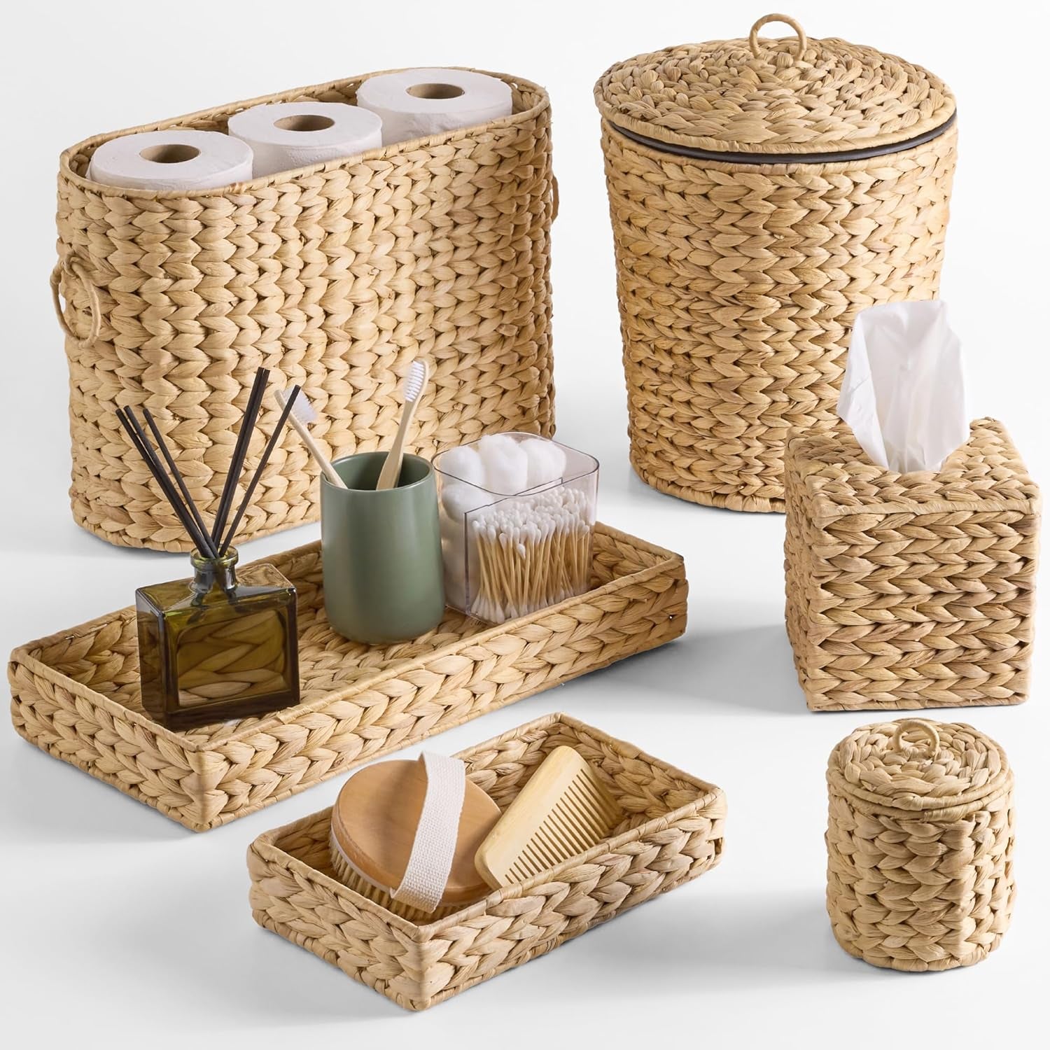 Best Choice Products 6PC Bathroom Accessories Set, Vanity Trays, Qtip Canister, Square Tissue Box Cover, Small Wicker Trash Can, Toilet Paper Basket, Storage Organizer, Water Hyacinth - Natural