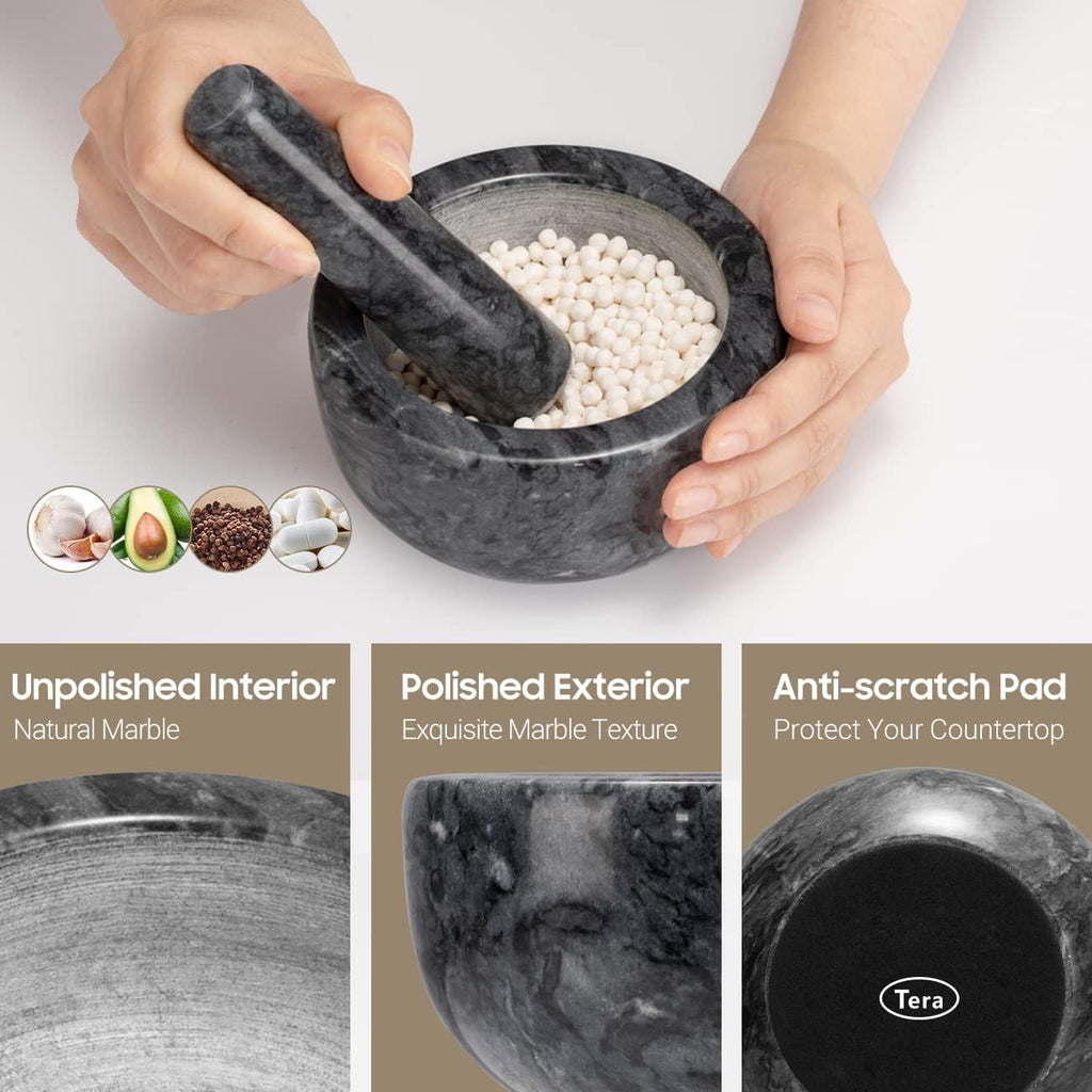 Marble Mortar and Pestle Set Large Solid Stone Grinder Spice Herb Grinder Pill Crusher (Black, Diameter 5.5")
