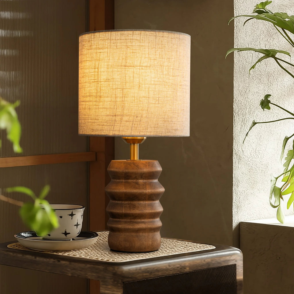 15'' Japandi Solid Wood Base Table Lamp Modern Classic Nightstand Lamp with Beige Fabric Shade for Bedside Foyer Dining Room