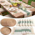 Boho Placemats 4/6/8 Set of round Woven Placemat Macrame Style Bicolor Stitching Long Table Runner Farmhouse Rustic Natural Burlap Cotton for Kitchen Dining Table(6 Sets,Green,12X72)