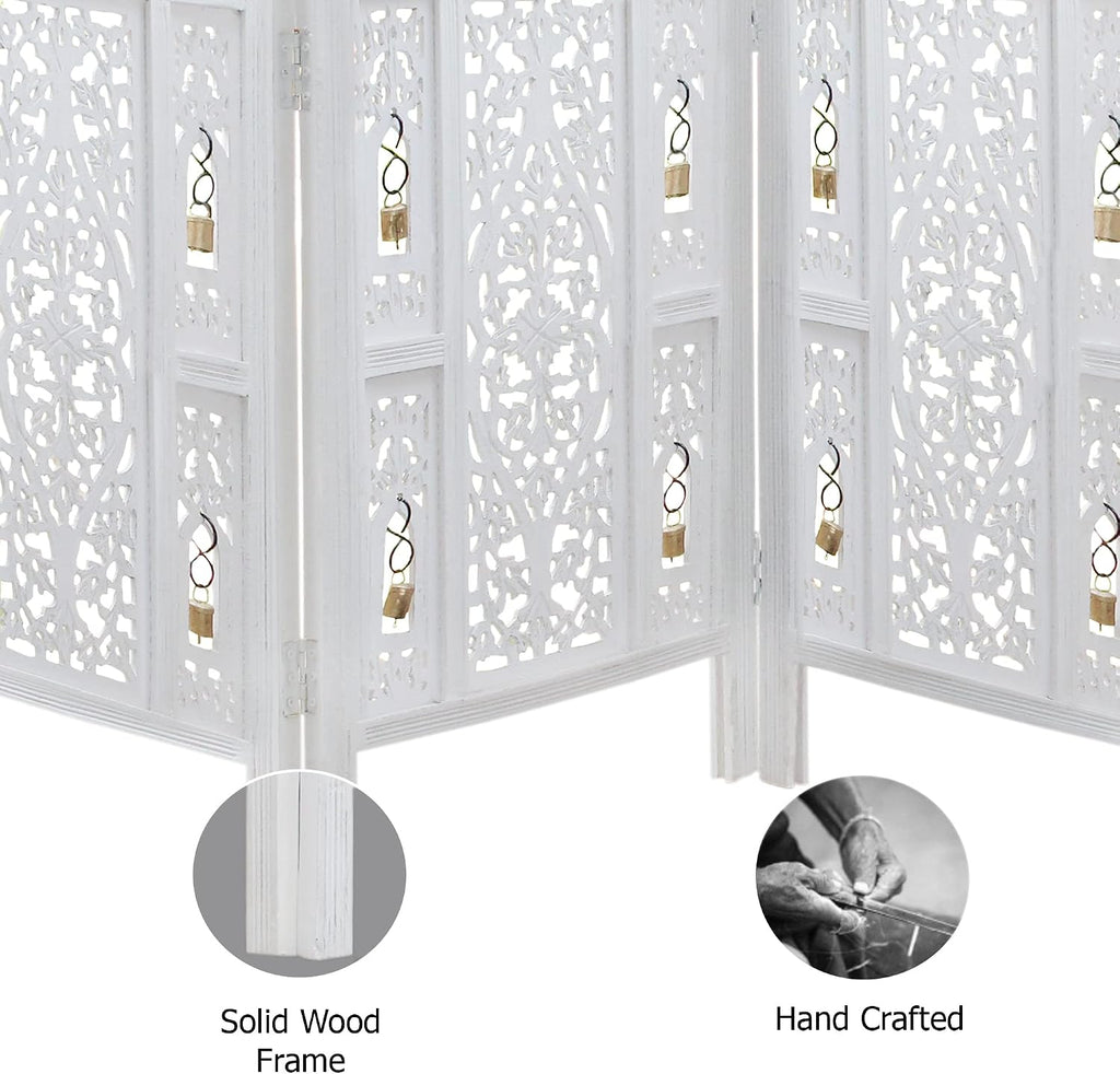 Room Divider Wood Screen - Ghanti Bells Antique White - 4 Panel Folding 72 X 80 - Assembled Hand Carved Decorative Functional Versatile Portable Partition Reversible Privacy Boho -