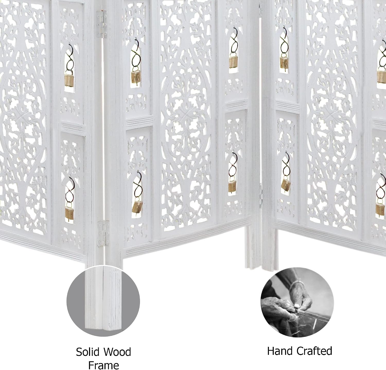 Room Divider Wood Screen - Ghanti Bells Antique White - 4 Panel Folding 72 X 80 - Assembled Hand Carved Decorative Functional Versatile Portable Partition Reversible Privacy Boho -