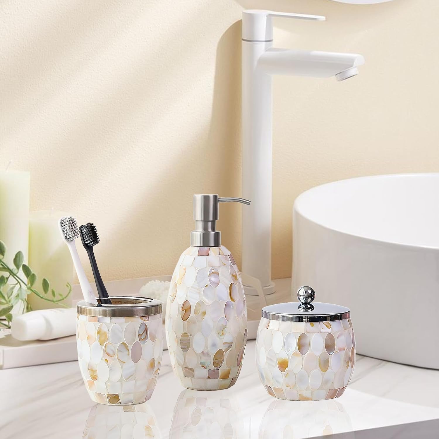 Natural Shell Bathroom Accessories Set 3 Pcs | Handcrafted Mother of Pearl Mosaic Glass Soap Dispenser, Toothbrush Holder, Cotton Jar | Luxury Coastal Bathroom Decor