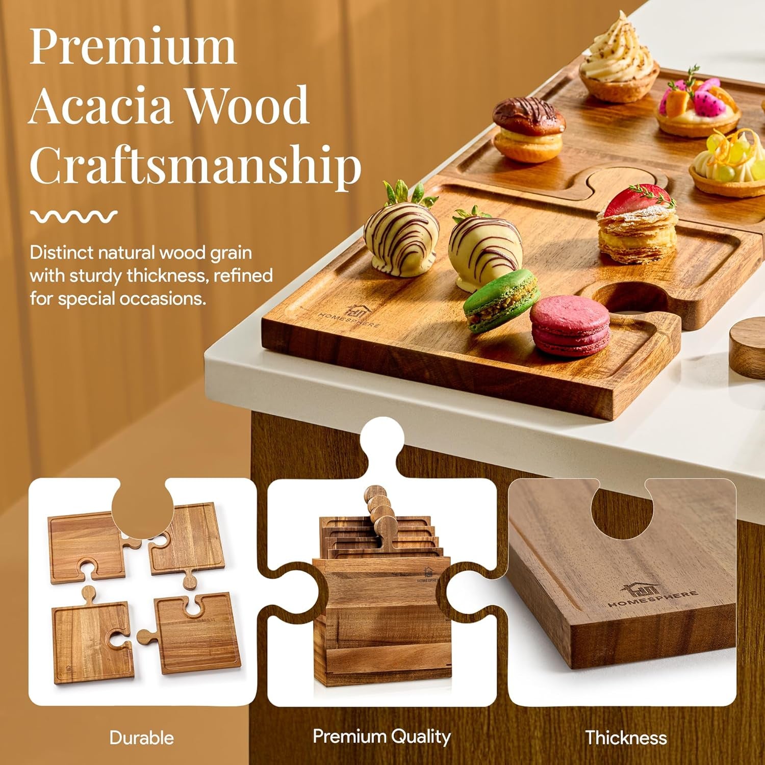 Wooden Charcuterie Boards, Appetizer Tray for Parties & Cutting Board with Handle, Set of 4, Acacia Wood Board, Wine Gifts, Wine Accessories, Interlocking Puzzle Serving Tray W/Storage Box