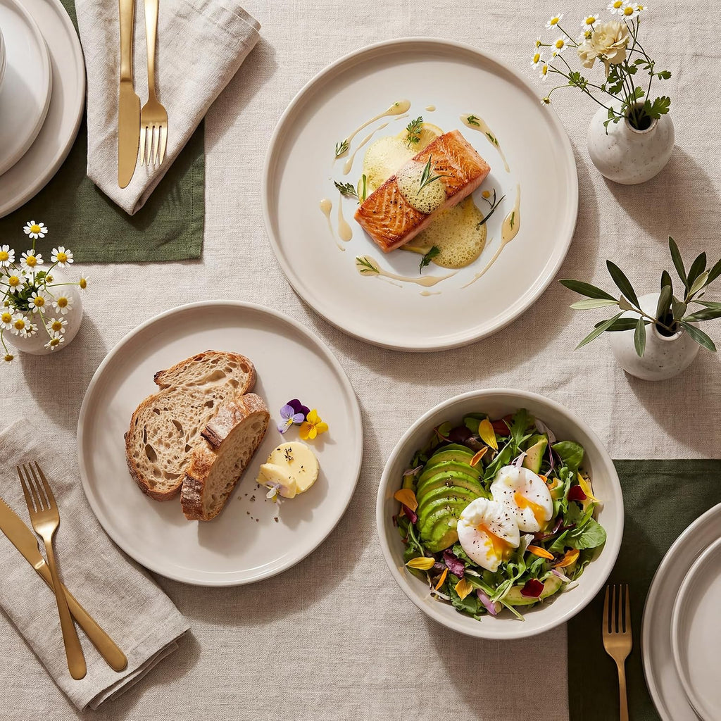 Stoneware Dinnerware Set for 4, 12-Piece Ceramic Plates and Bowls Set, Chip & Scratch Resistant Dish Set, Microwave, Dishwasher & Oven Safe for Everyday Meals, Cream White
