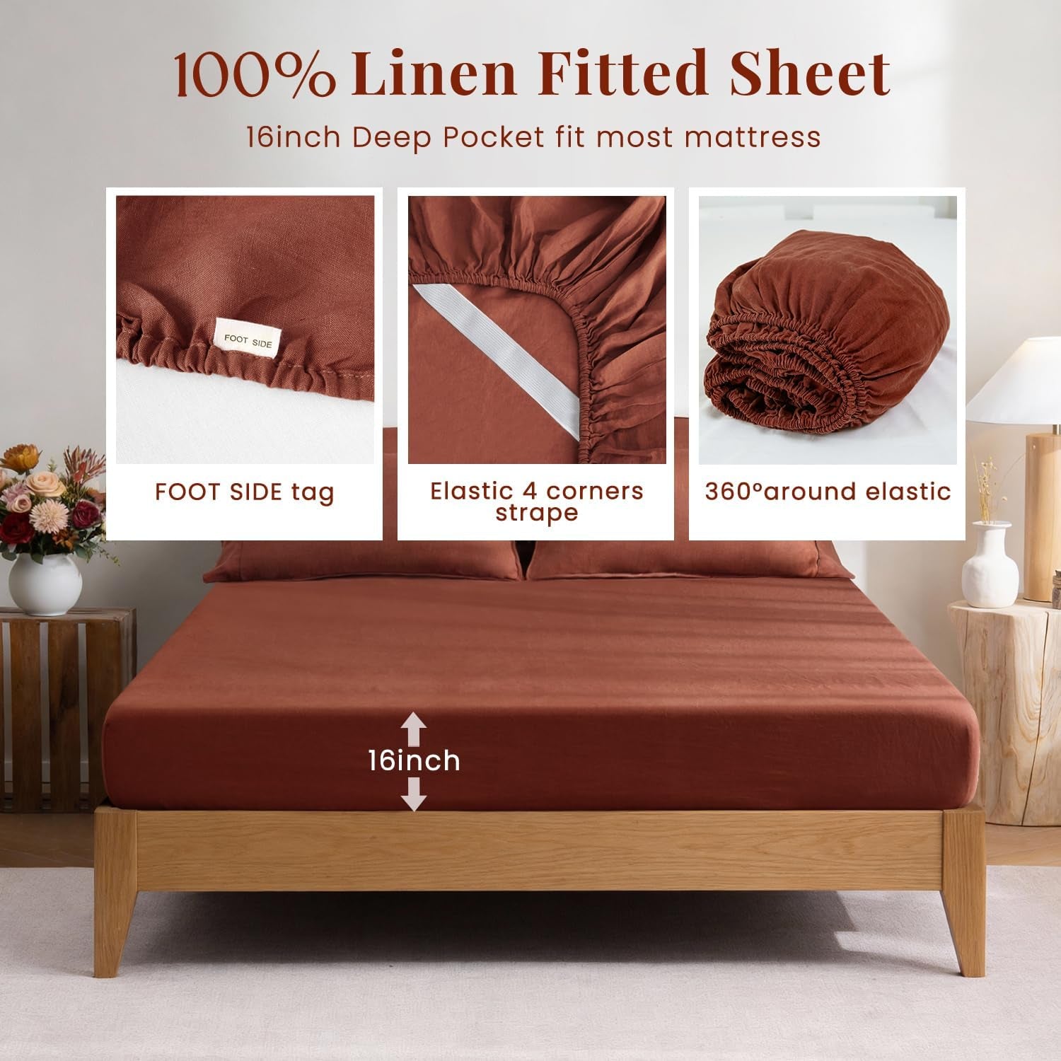 100% Organic Linen Sheets Set Twin XL Size,Stone Washed French Natural Flax Bedding 3PCS(1 Pillowcase,1 Fitted Sheet,1 Flat Sheet) GOTS Certified,Ultra Soft Bedding Set,Burgundy