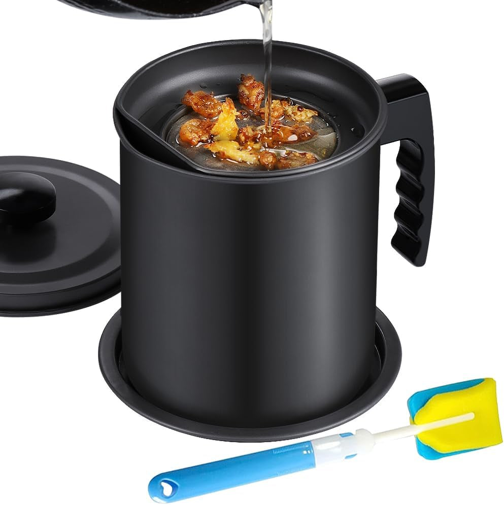 Bacon Grease Container with Strainer - 1.3L / 5.2 Cups Oil Storage Holder Can for Cooking, Frying with Replaceable Cleaning Brush