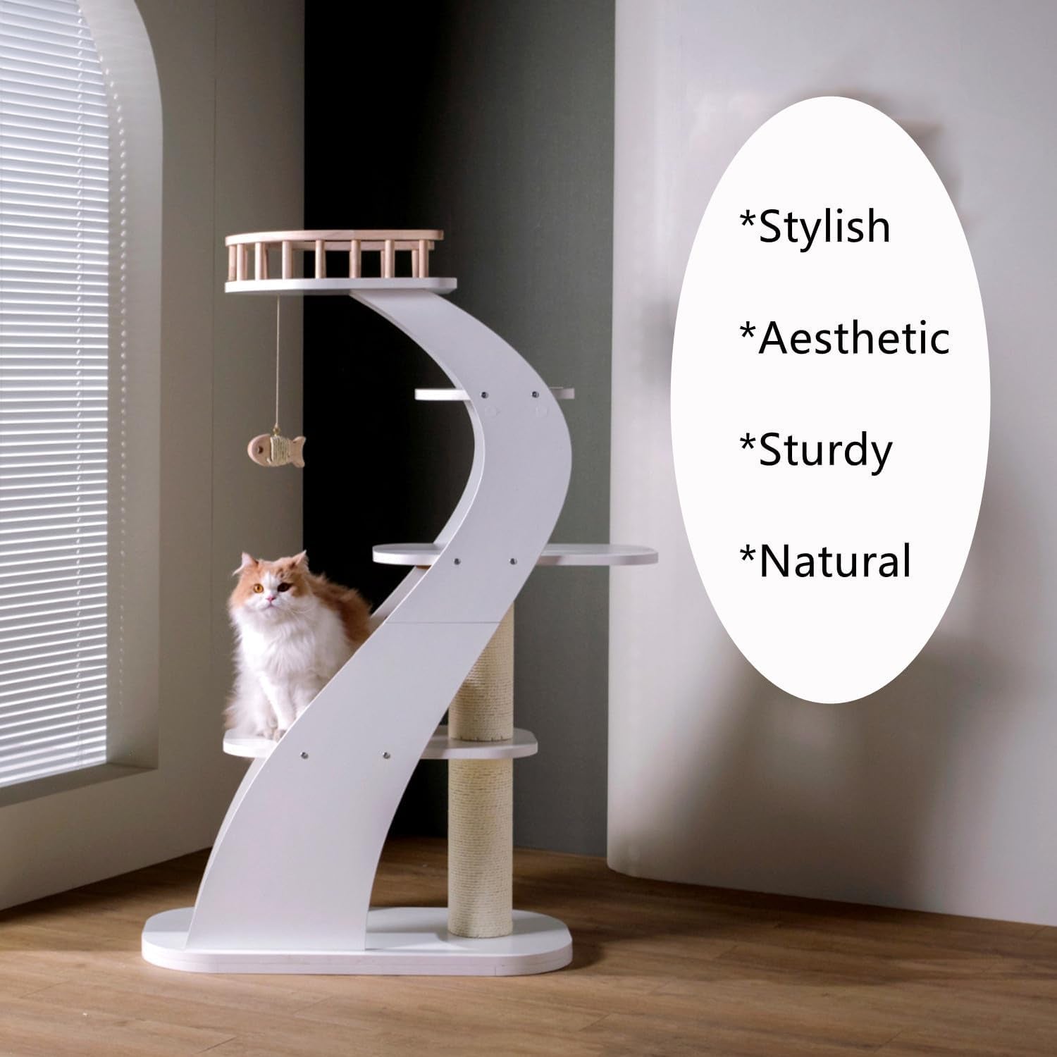 Modern Stylish 52.4 Inches Tall Wooden Cat Tree Tower, Aesthetic Cat Condo Ladder with 5-Level Big Perch Platform Bed for Window Viewing Watching Large Cat Maine Coon