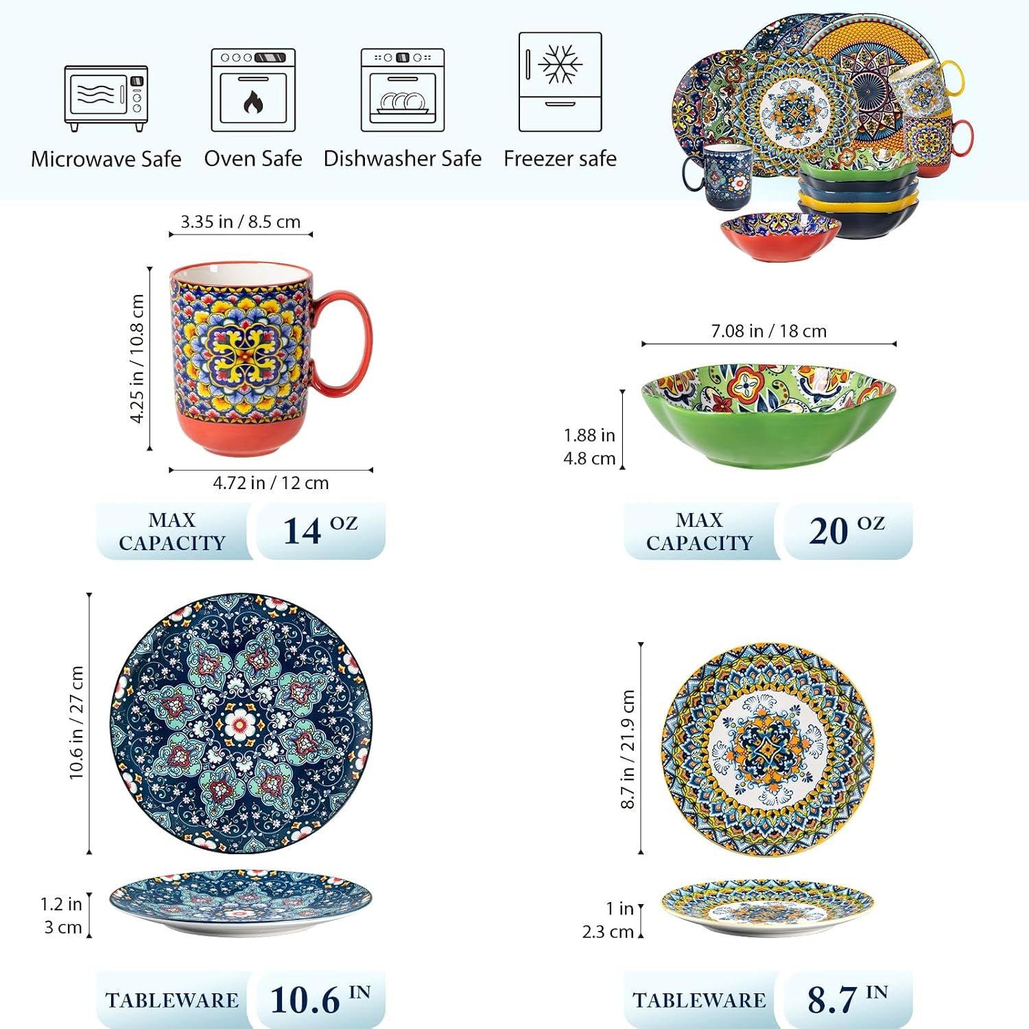 Plates and Bowls Set, Dinnerware Set for 6-20 Oz Bowls, 10.5 Inch Dinner Plates, 8.5 Inch Dessert Plates, 14 Oz Mugs
