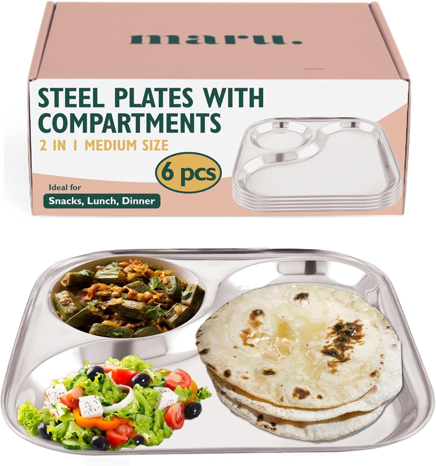 Stainless Steel Dinner Plates with 2In1 Compartment Section Set of 6, Durable & Large Bhojan Thali Plates, Perfect for Breakfast, Lunch & Dinner, Ideal for Serving Indian Meals – Lightweight