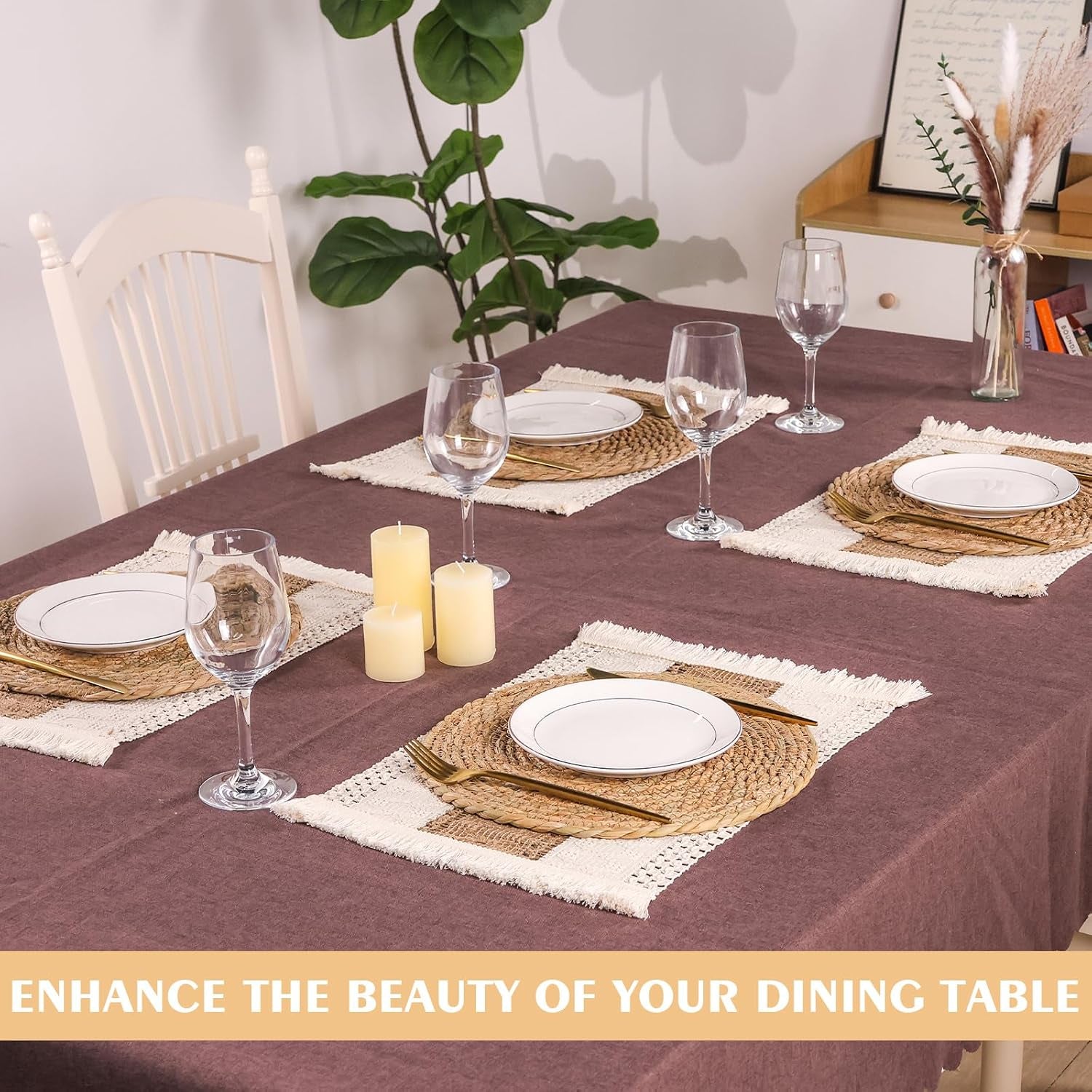 12 Pcs Handmade Boho Placemats Set of 6 Table Mats for Kitchen Dining Table Farmhouse Centerpiece Decor Natural Cotton Burlap and Water Straw Woven Combination Place Mats