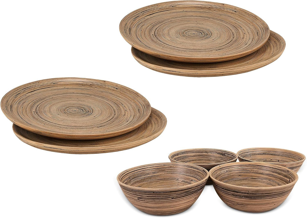 8-Piece Handcrafted Bamboo Plate & Bowl Set, Four 12” Serving Plates and Four 8” Bowls, Spun Bamboo Dinnerware for Everyday Meals, Entertaining & Home Décor (Black)